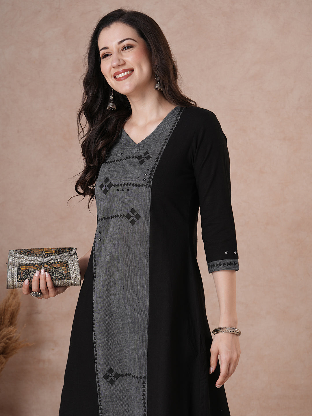 A-Line Cotton Kurta with Block Print Panel, Mirror Work and Coordinated Contrast Accents
