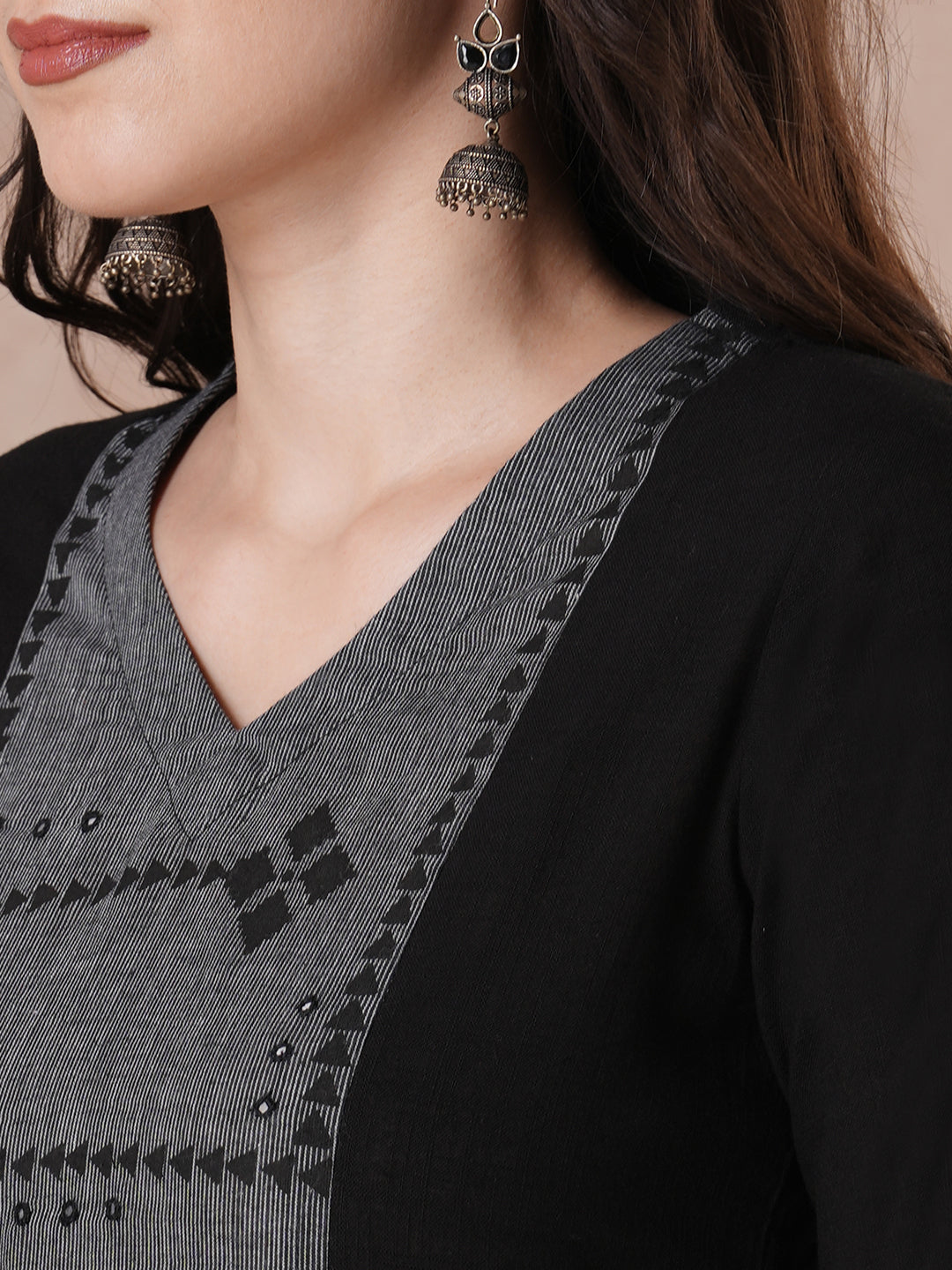 A-Line Cotton Kurta with Block Print Panel, Mirror Work and Coordinated Contrast Accents