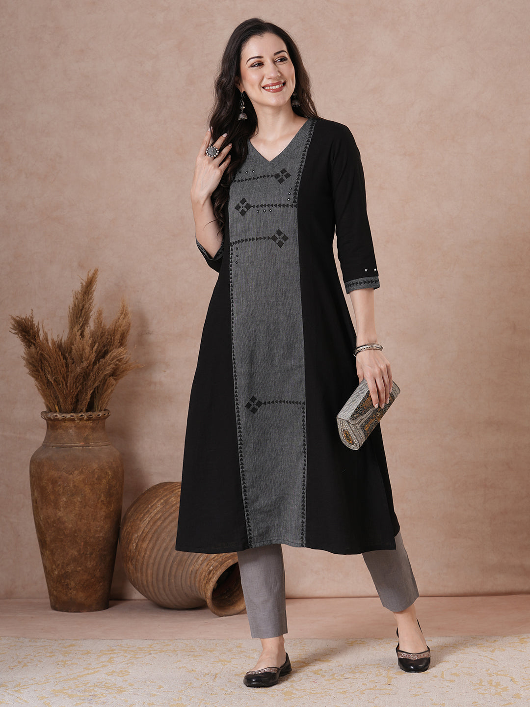 A-Line Cotton Kurta with Block Print Panel, Mirror Work and Coordinated Contrast Accents