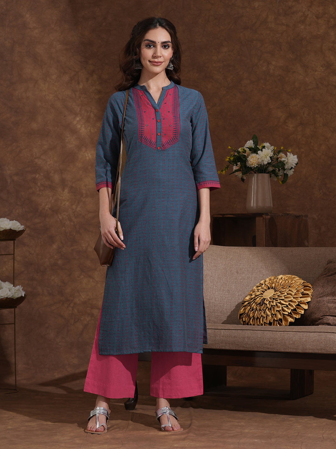Straight Cotton Dobby Kurta with Contrast Striped Block Print Yoke and Cuff Detailing with Mirror Highlights