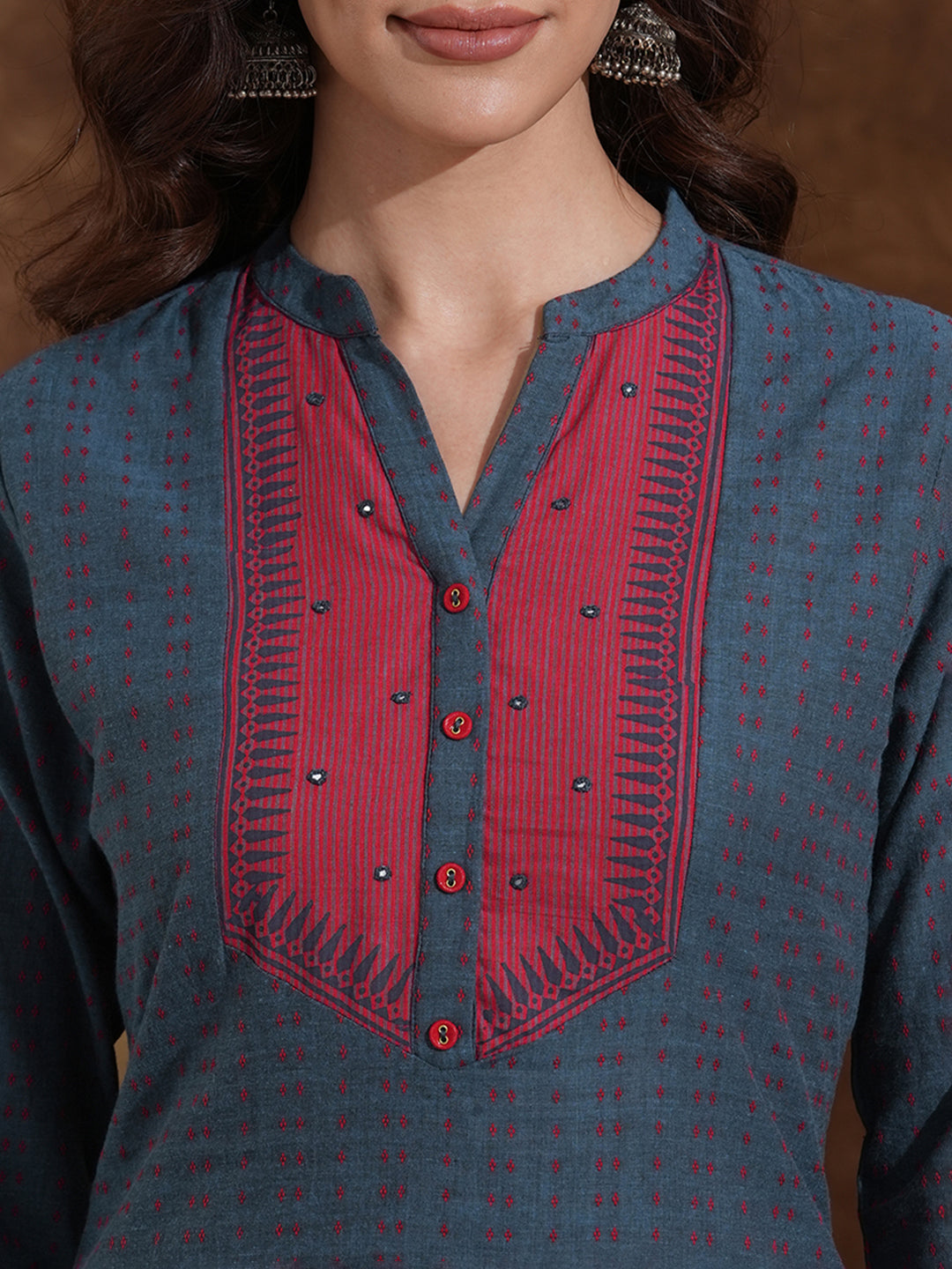 Straight Cotton Dobby Kurta with Contrast Striped Block Print Yoke and Cuff Detailing with Mirror Highlights
