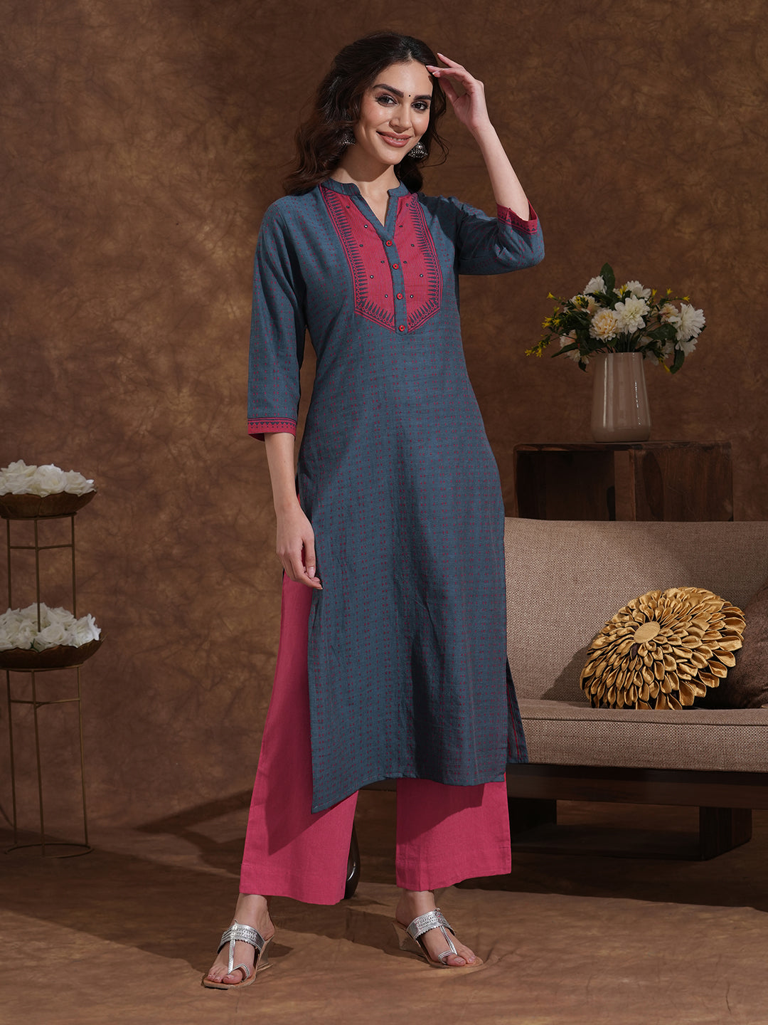 Straight Cotton Dobby Kurta with Contrast Striped Block Print Yoke and Cuff Detailing with Mirror Highlights