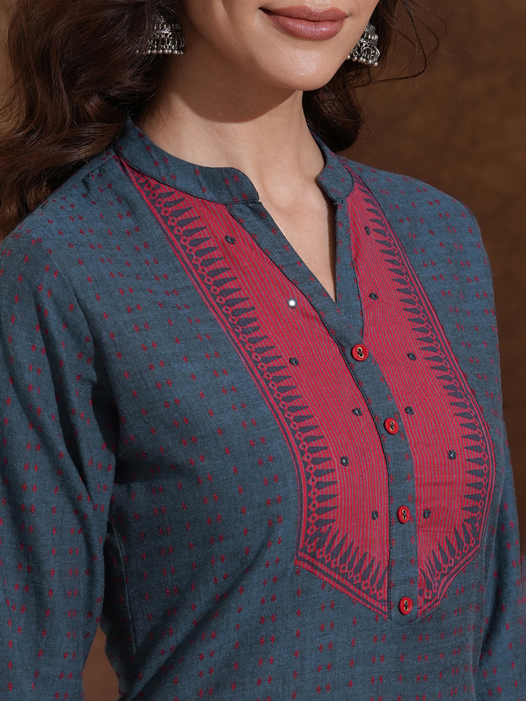 Straight Cotton Dobby Kurta with Contrast Striped Block Print Yoke and Cuff Detailing with Mirror Highlights