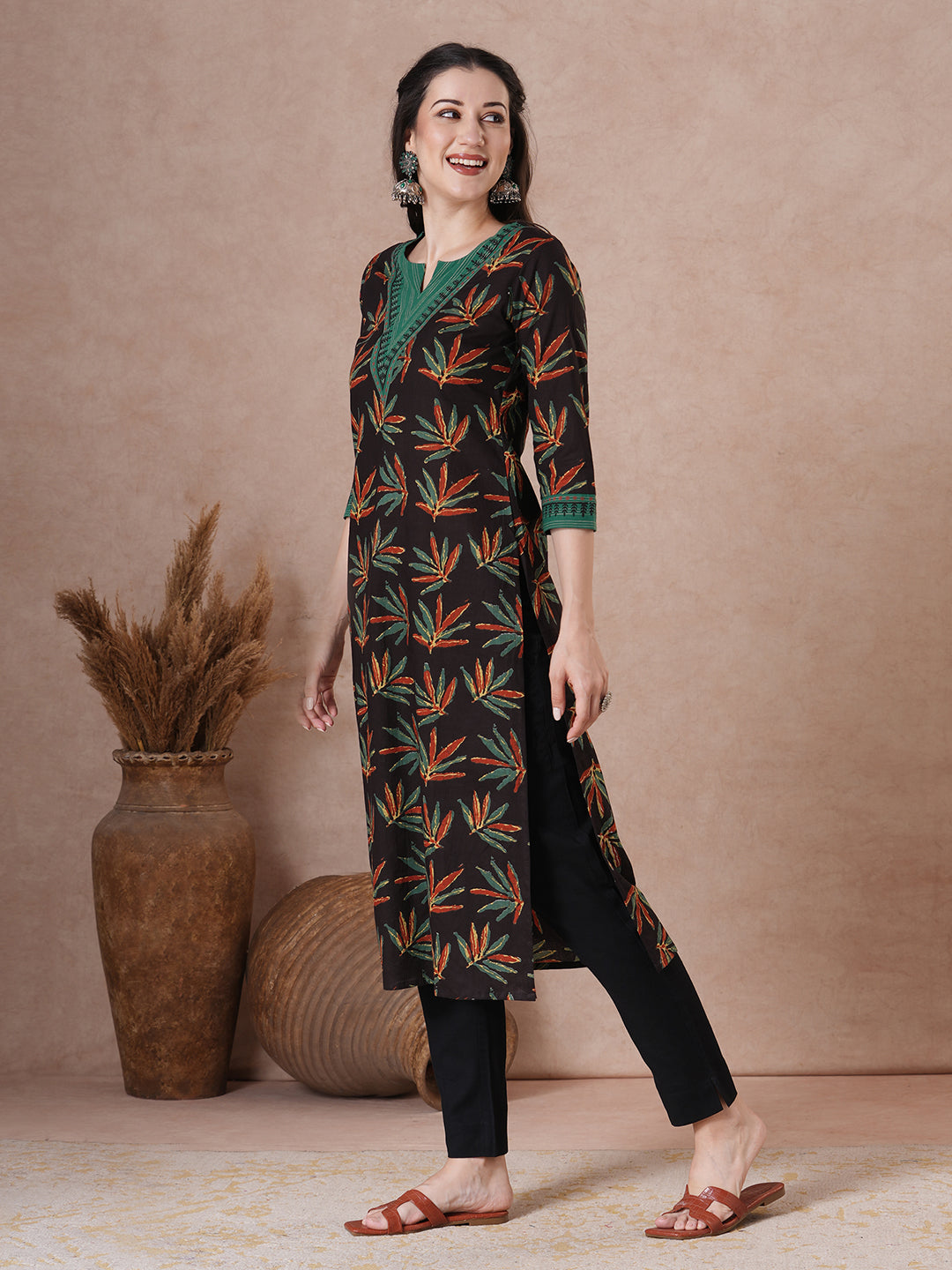 Straight Fit Cotton Printed Kurta with Striped Block Print Yoke & Cuff Detailing