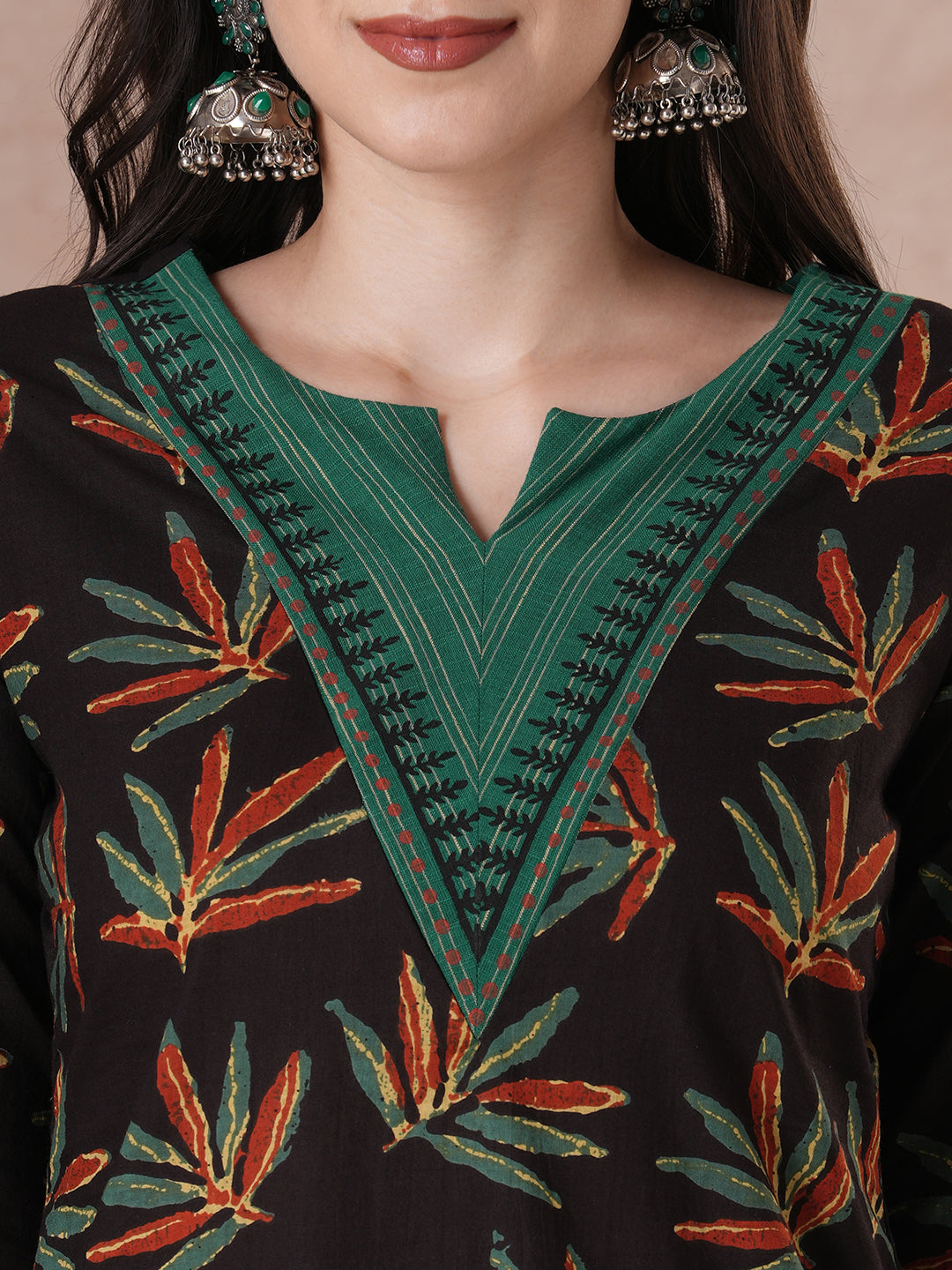Straight Fit Cotton Printed Kurta with Striped Block Print Yoke & Cuff Detailing
