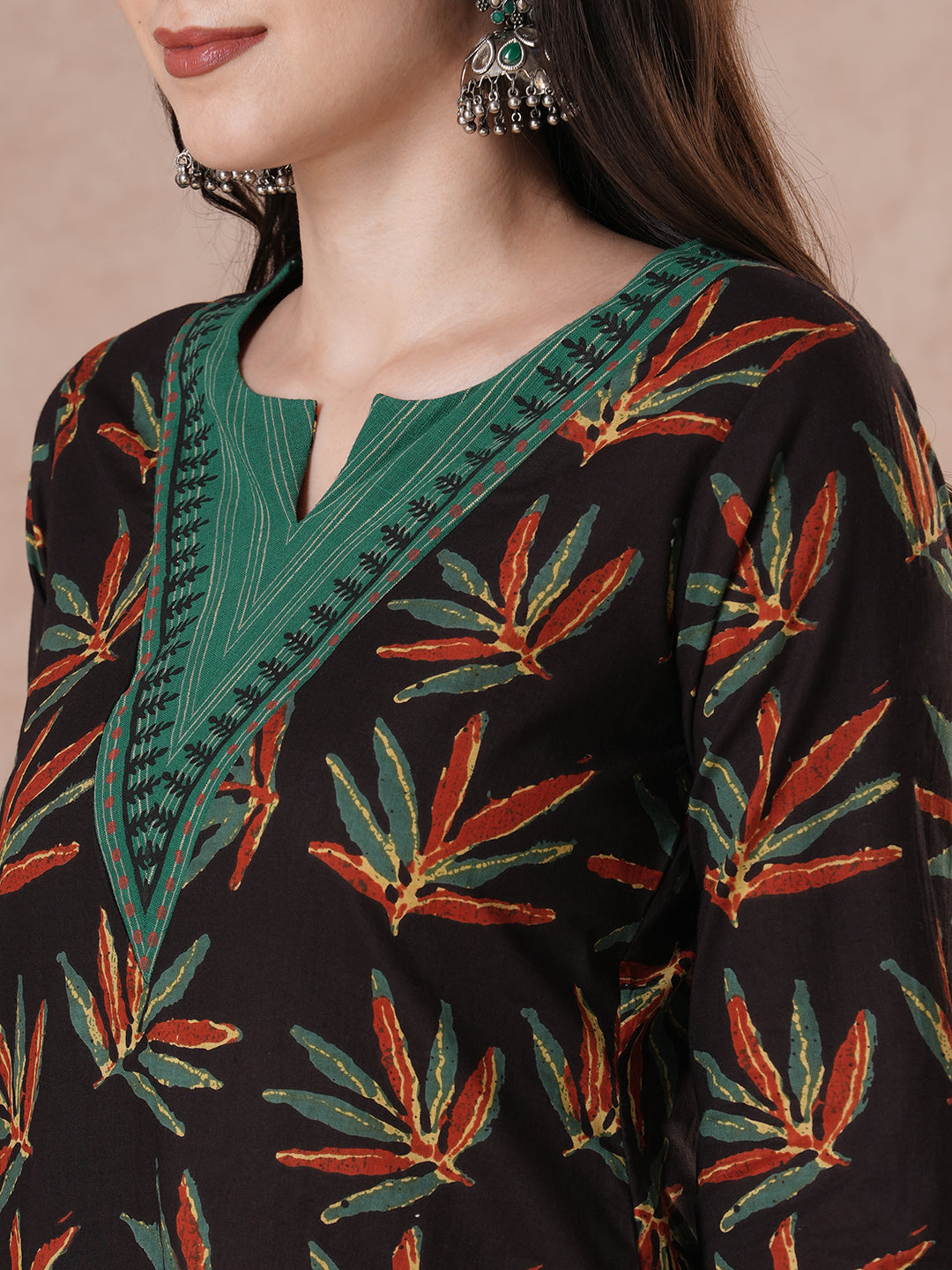 Straight Fit Cotton Printed Kurta with Striped Block Print Yoke & Cuff Detailing