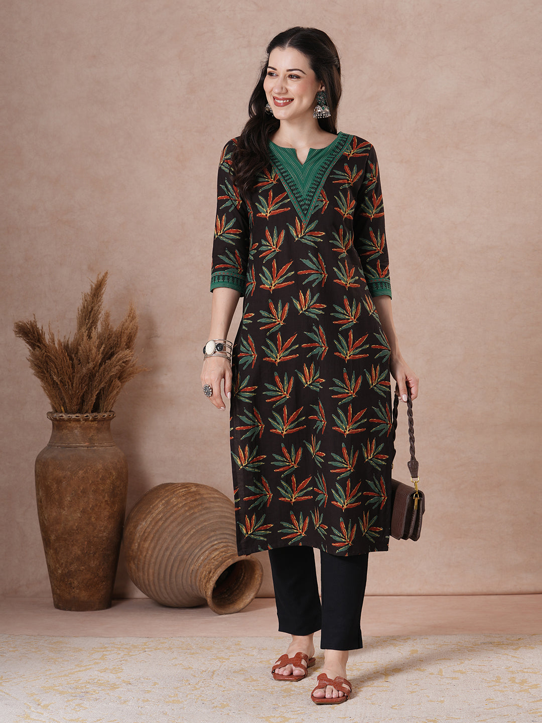 Straight Fit Cotton Printed Kurta with Striped Block Print Yoke & Cuff Detailing