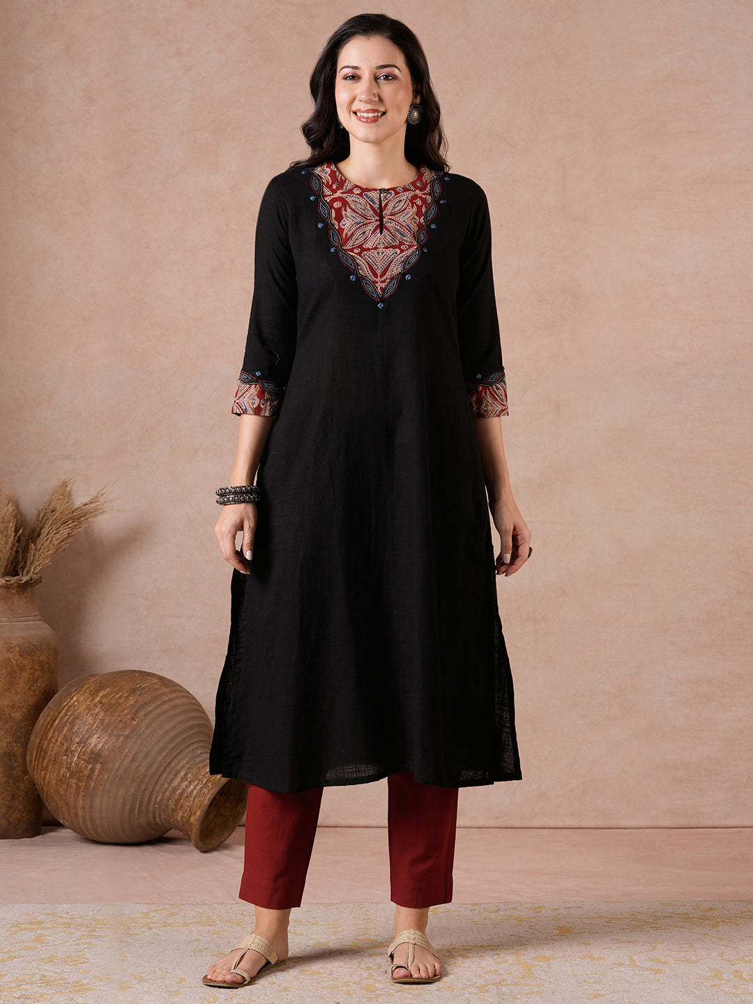 A-Line Kurta with Kalamkari Cutwork, Machine Embroidery & Hand Print.
