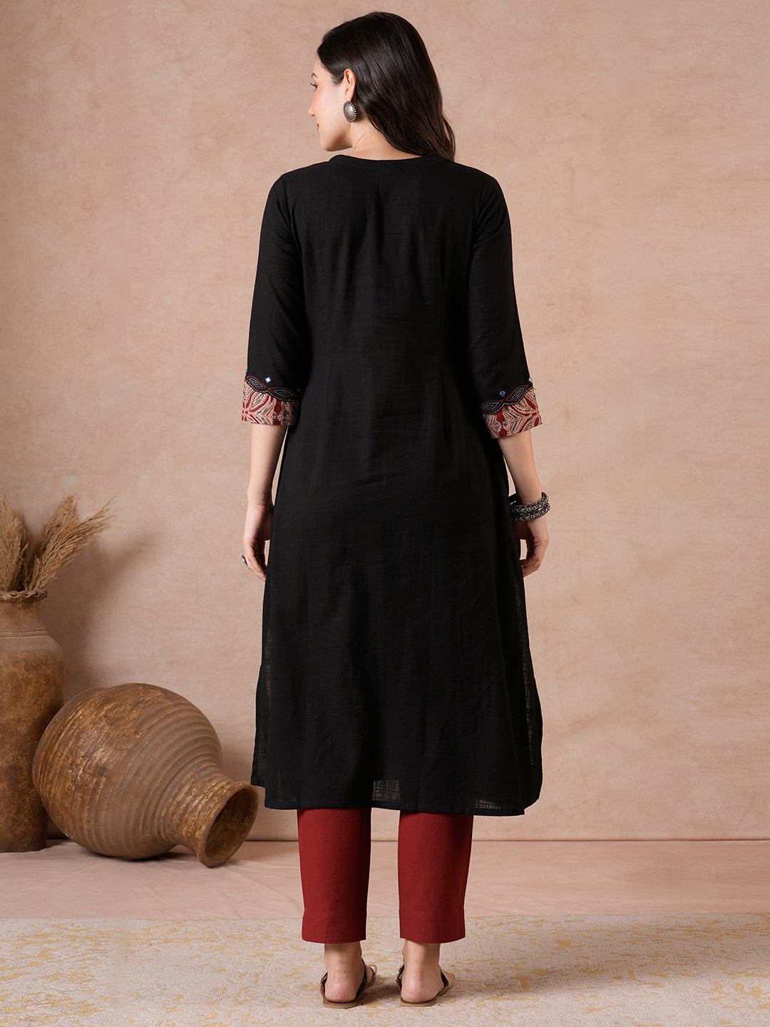 A-Line Kurta with Kalamkari Cutwork, Machine Embroidery & Hand Print.