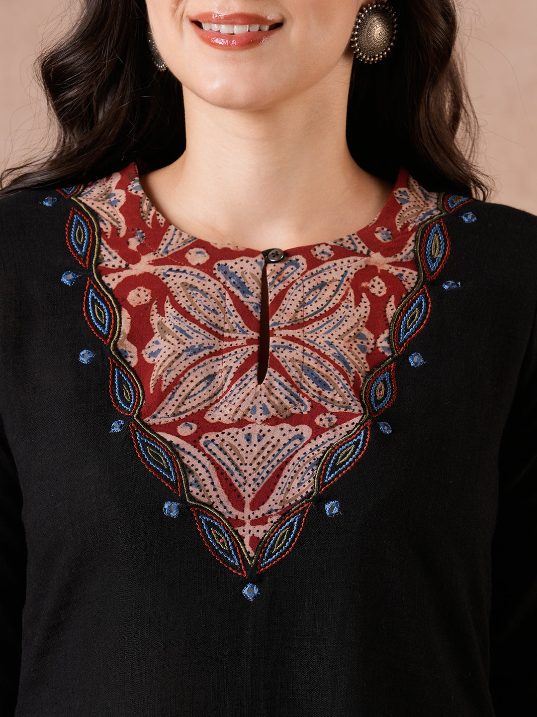 A-Line Kurta with Kalamkari Cutwork, Machine Embroidery & Hand Print.
