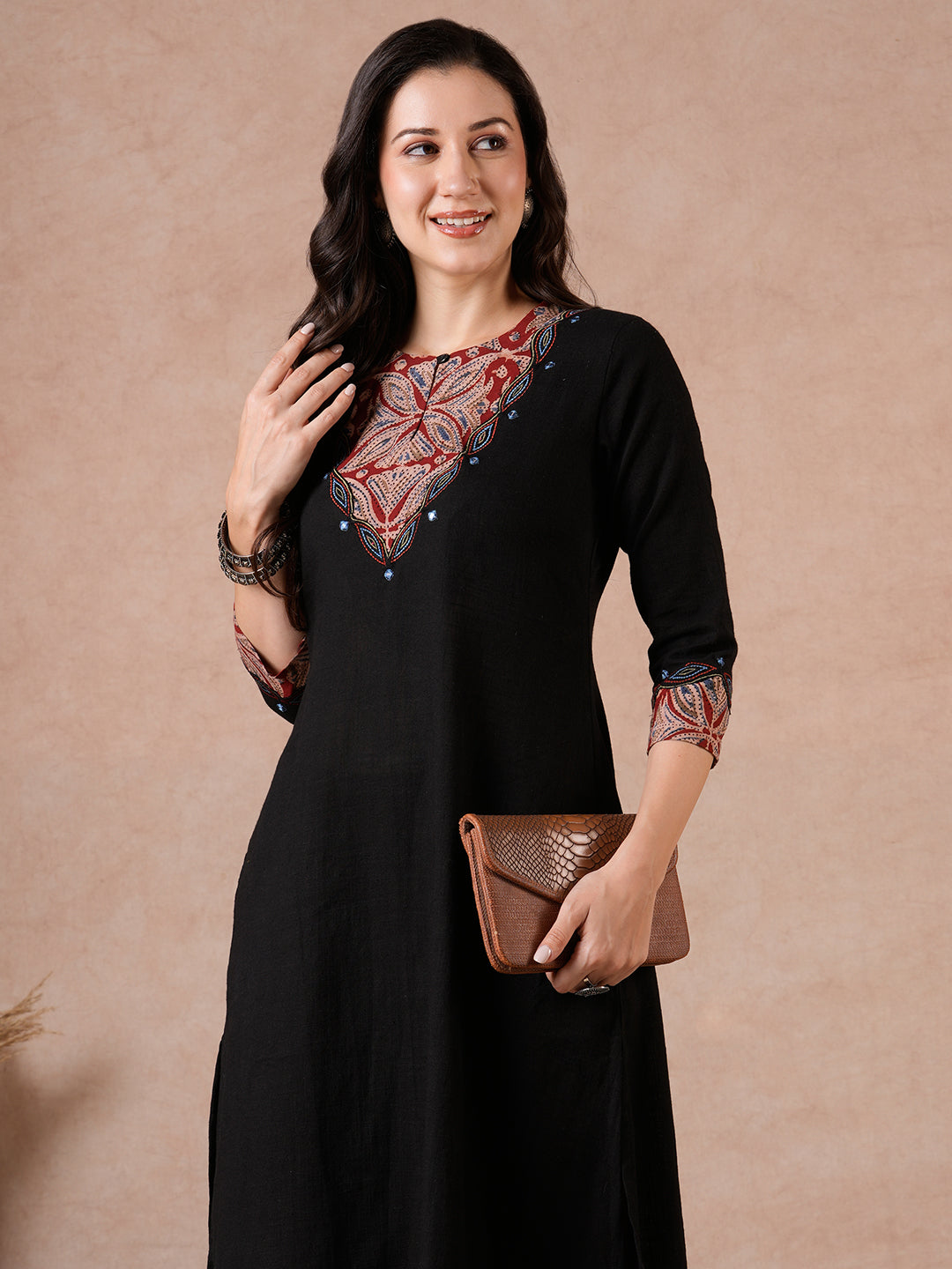 A-Line Kurta with Kalamkari Cutwork, Machine Embroidery & Hand Print.