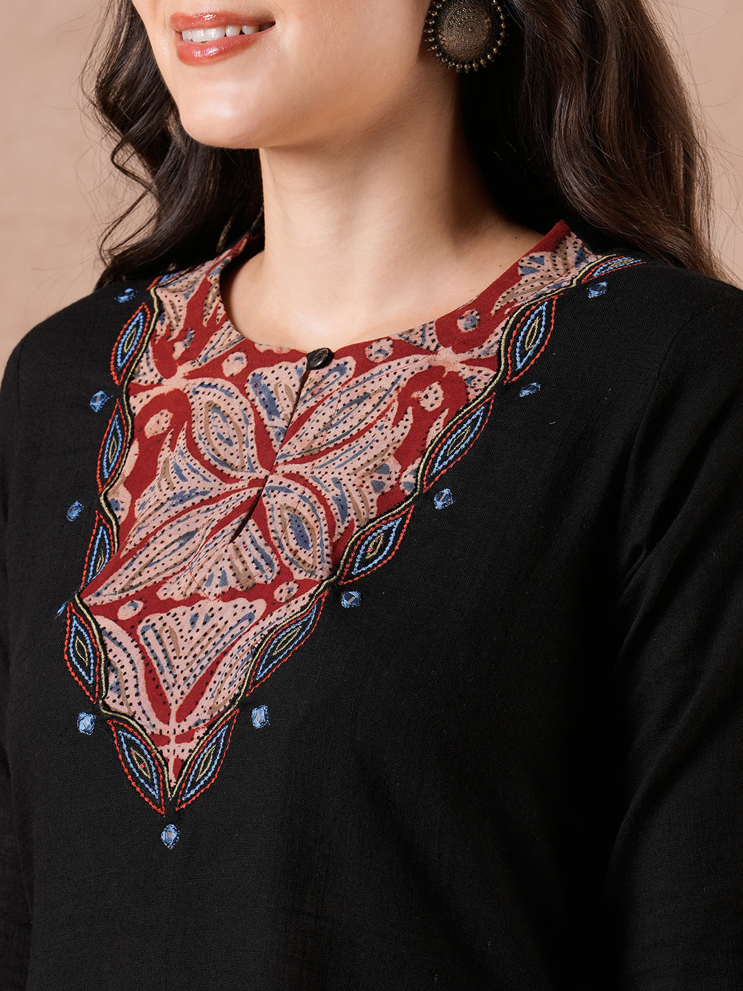 A-Line Kurta with Kalamkari Cutwork, Machine Embroidery & Hand Print.