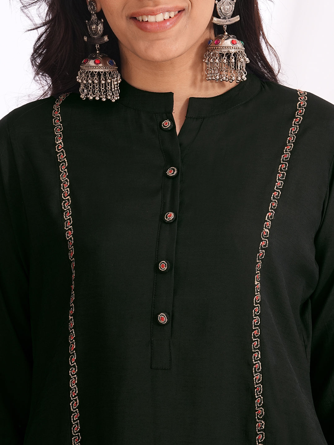 A-line embroidered silk blend kurta set paired with lined palazzo