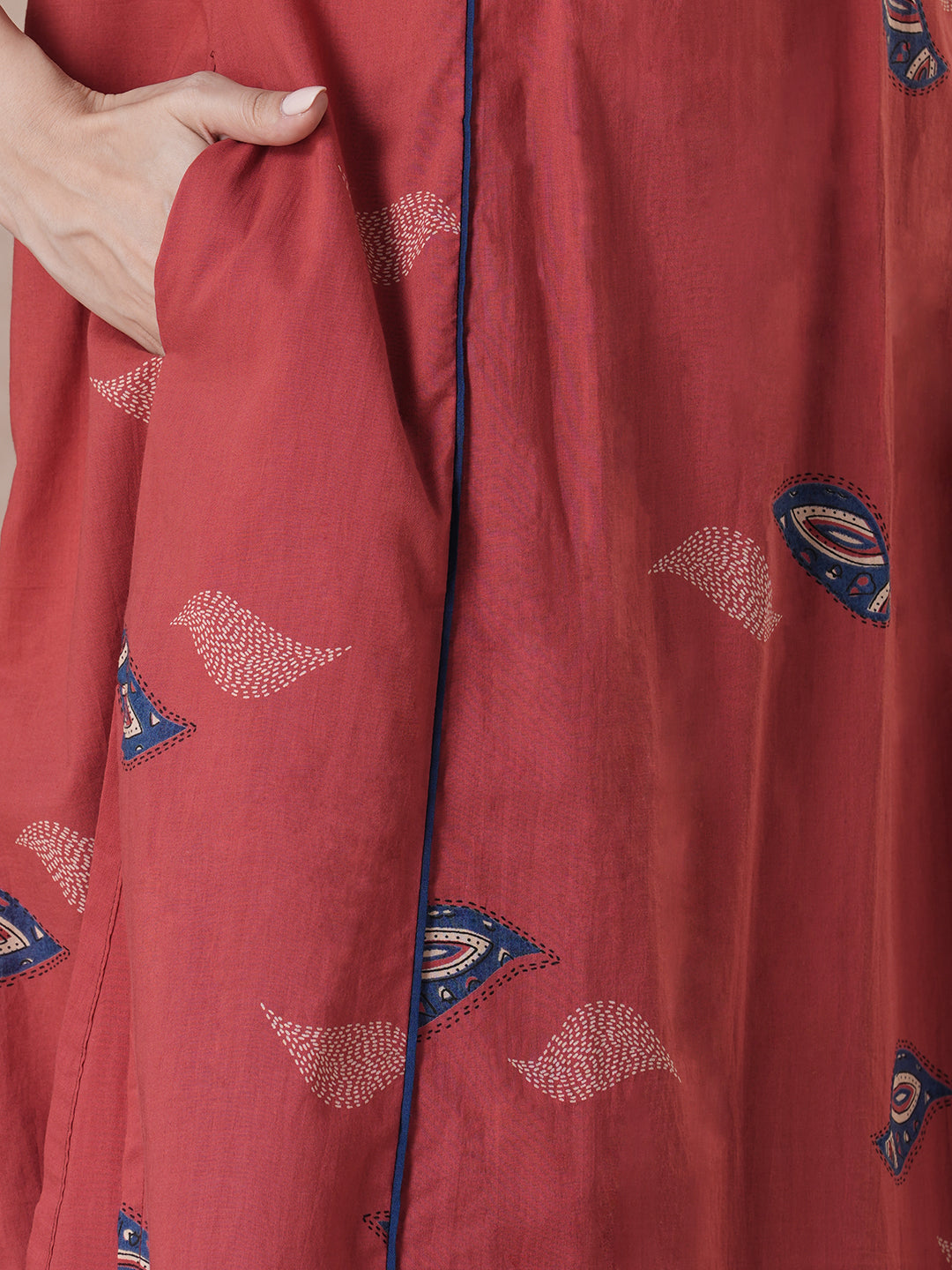 Red abstract printed A-Line Kurta Palazzo Set.