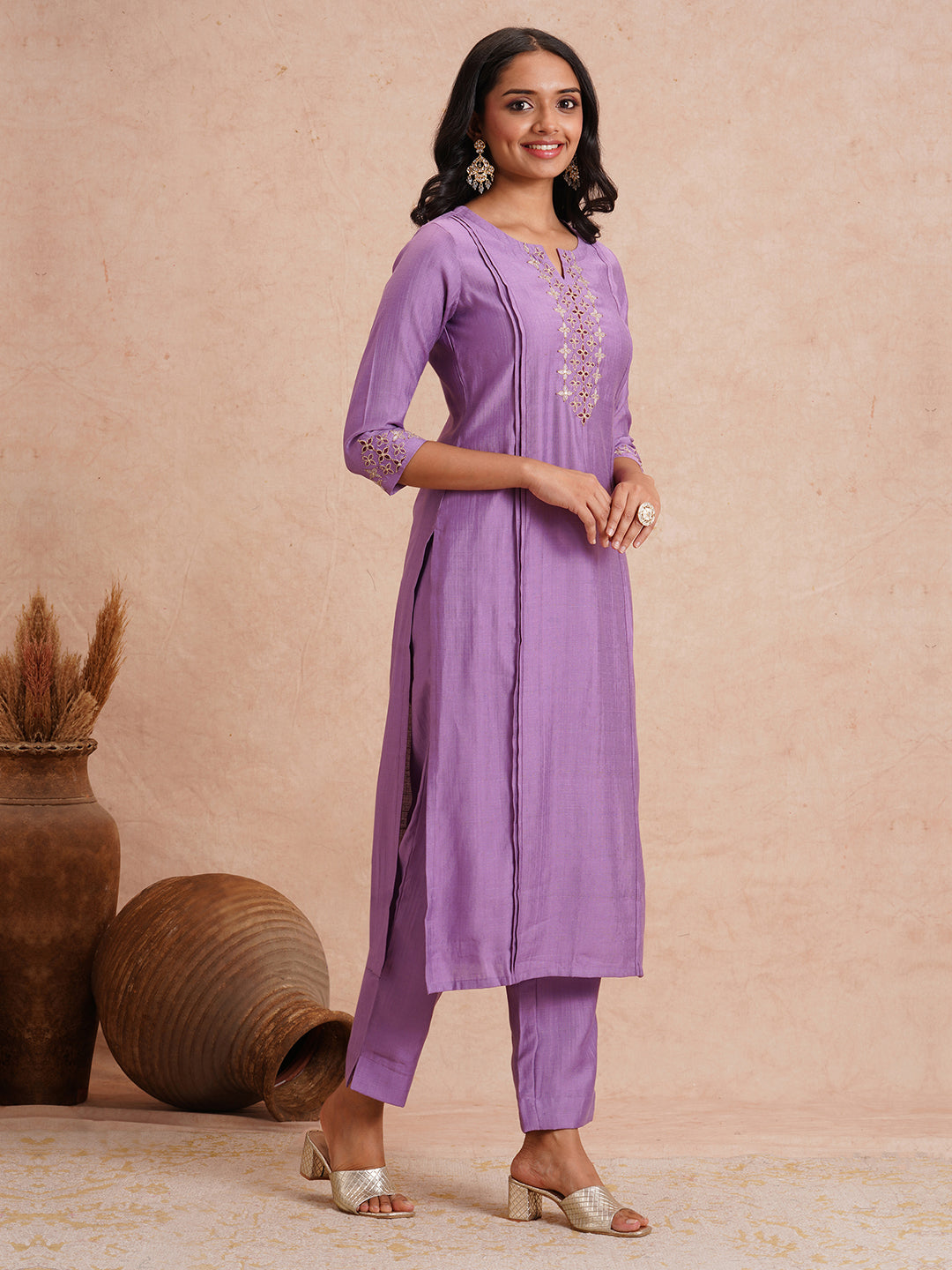 Party Edit- Straight fit art silk kurta with shaded embroidery paired with lined pants.