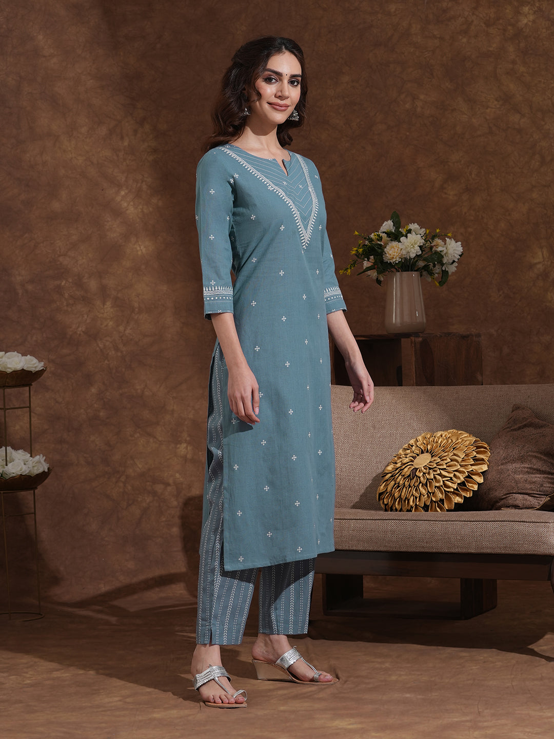 Straight fit kurta pant set in cotton dobby fabric with hand block print.