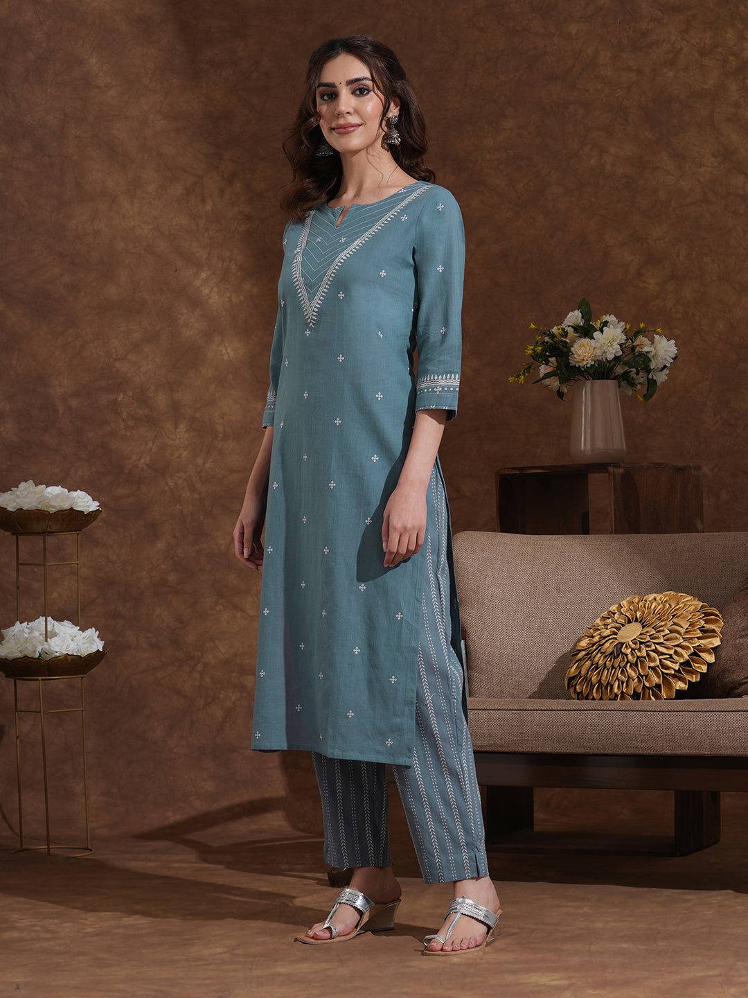 Straight fit kurta pant set in cotton dobby fabric with hand block print.