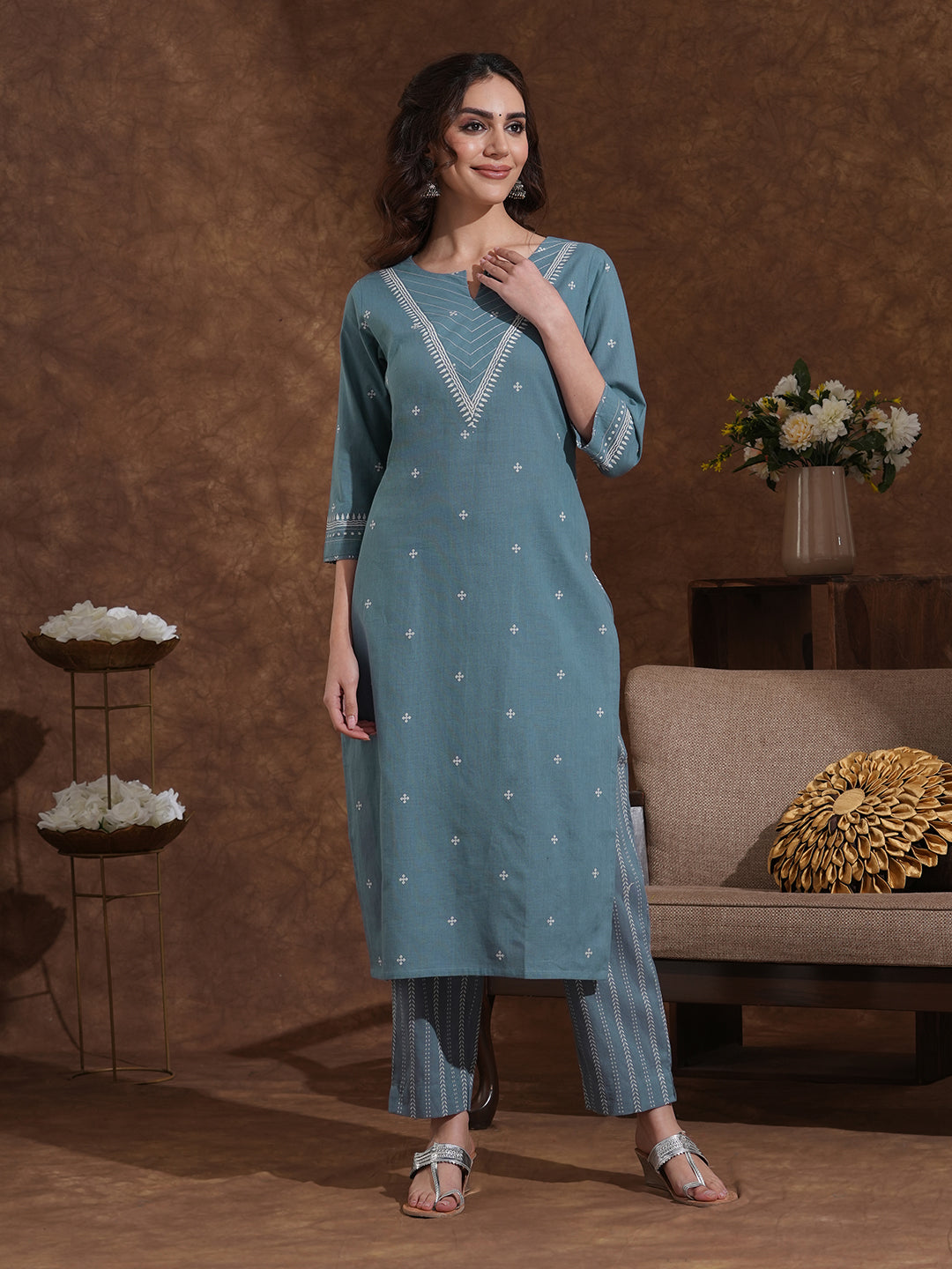 Straight fit kurta pant set in cotton dobby fabric with hand block print.
