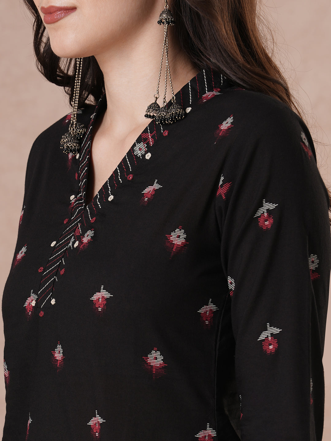 Printed Cotton Handcrafted Mirror Work Kurta Pant Set.