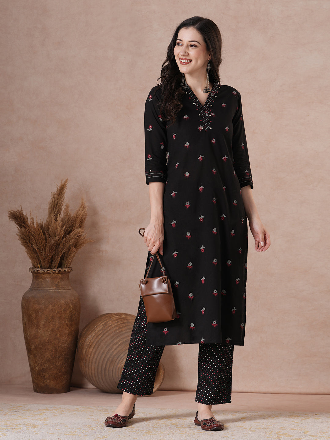 Printed Cotton Handcrafted Mirror Work Kurta Pant Set.