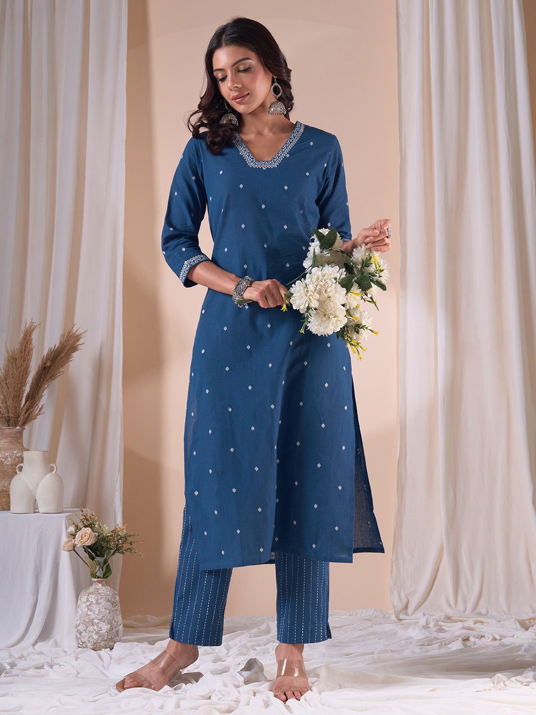 Cotton Dobby Straight Kurta Set with Resham Embroidery and Striped Kantha Pants.