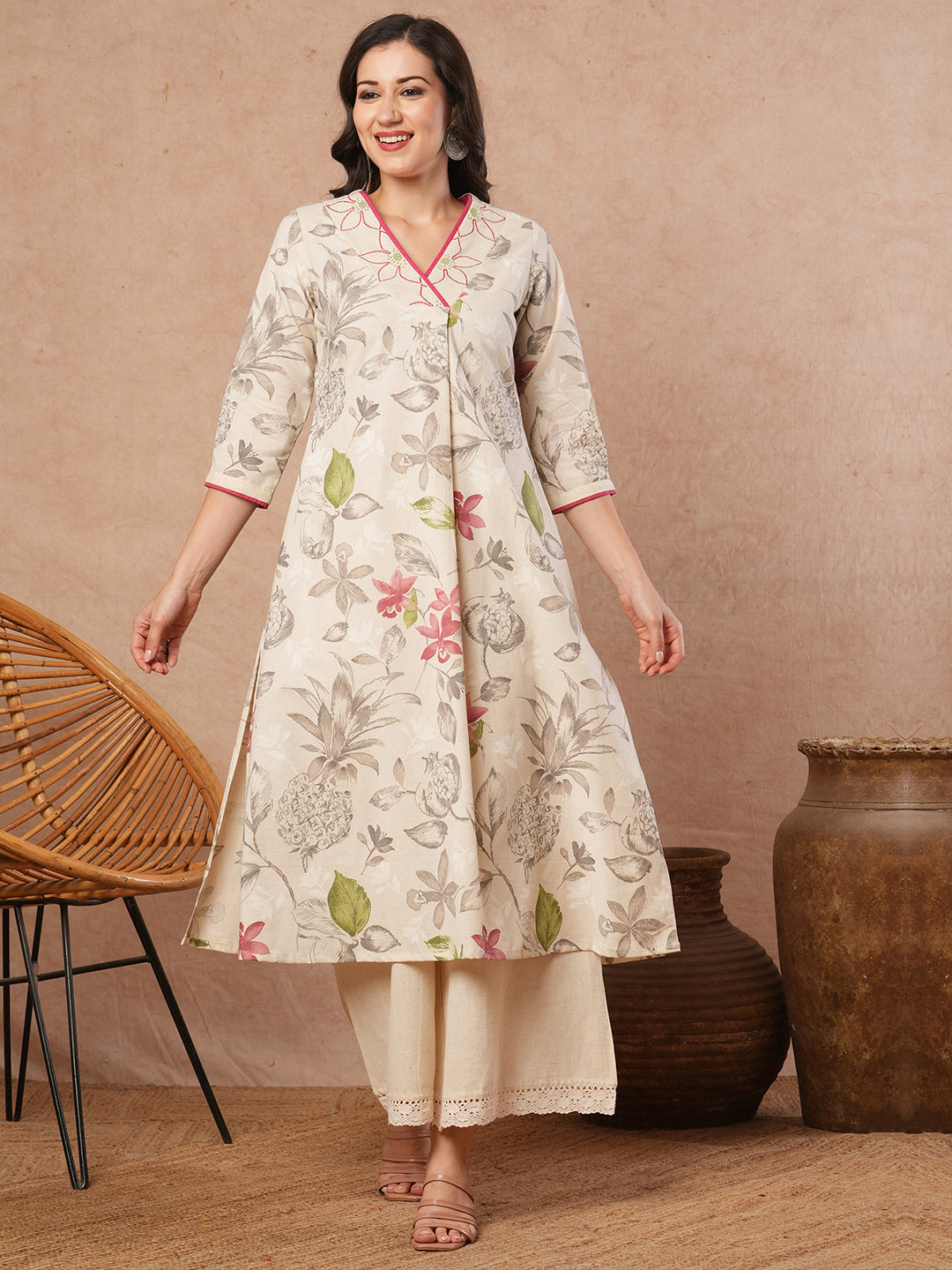 A-line printed kurta set with embroidery and cotton flex palazzo.