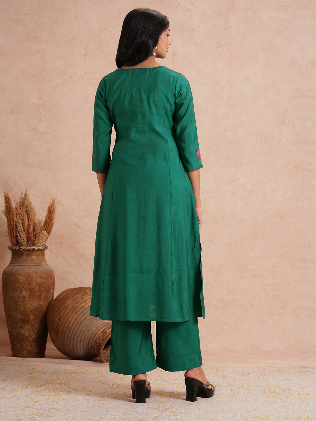 Party Edit- A-line kurta set with machine applique and embroidery paired with lined palazzos.