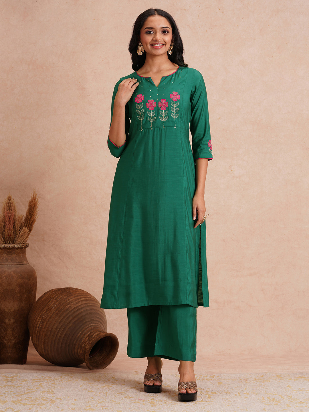 Party Edit- A-line kurta set with machine applique and embroidery paired with lined palazzos.