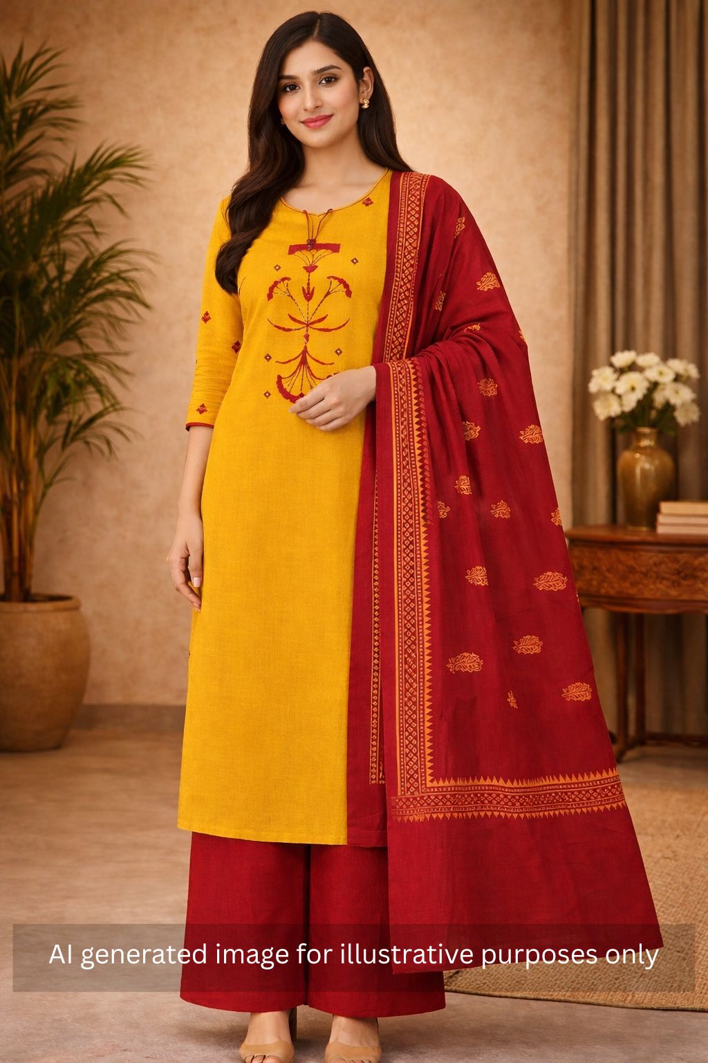 3-piece kurta set featuring a dobby kurta adorned with delicate embroidery and lace detailing.(Yellow)