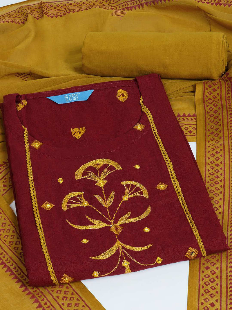 3-piece kurta set featuring a dobby kurta adorned with delicate embroidery and lace detailing.(Red)