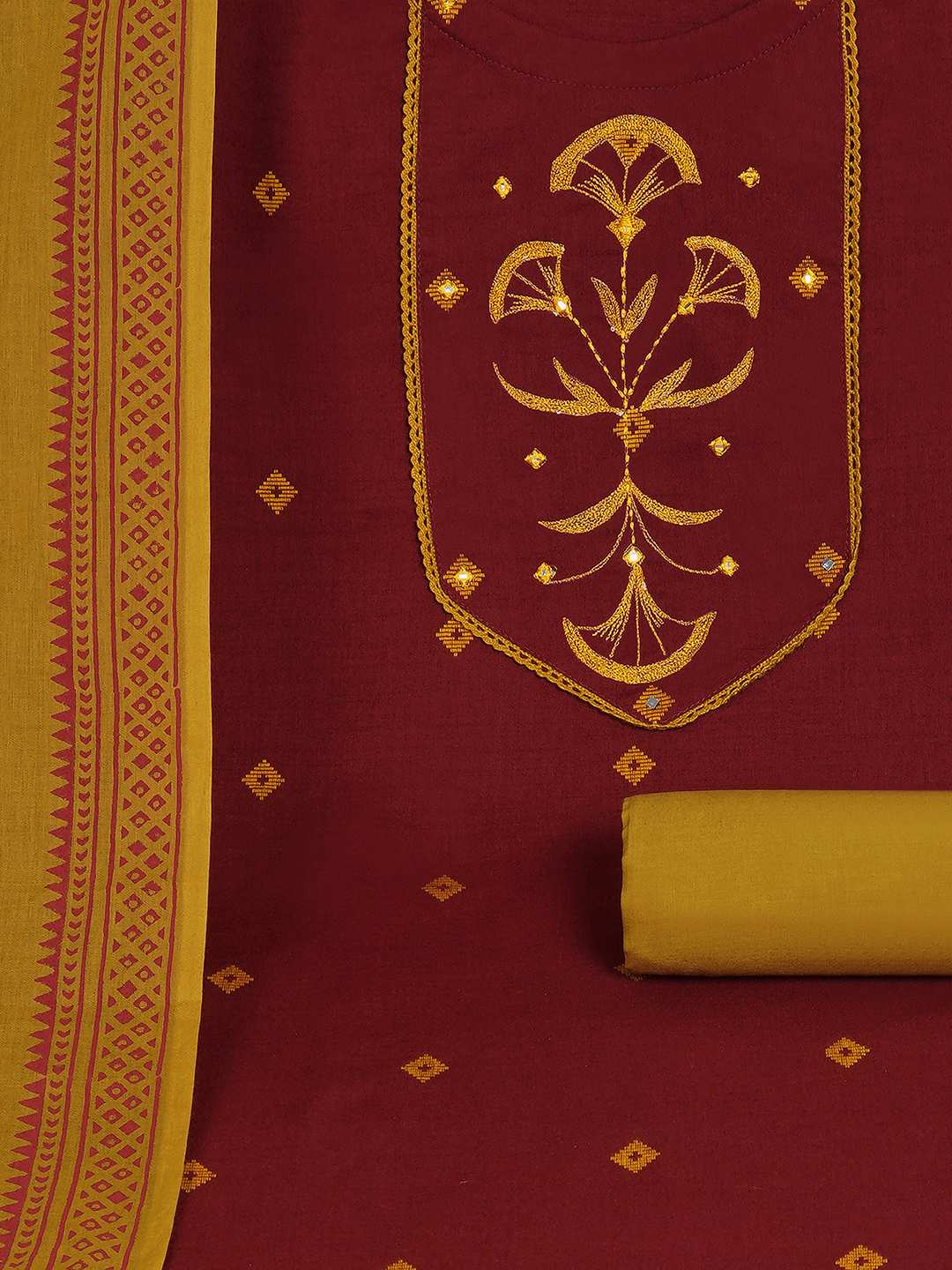 3-piece kurta set featuring a dobby kurta adorned with delicate embroidery and lace detailing.(Red)