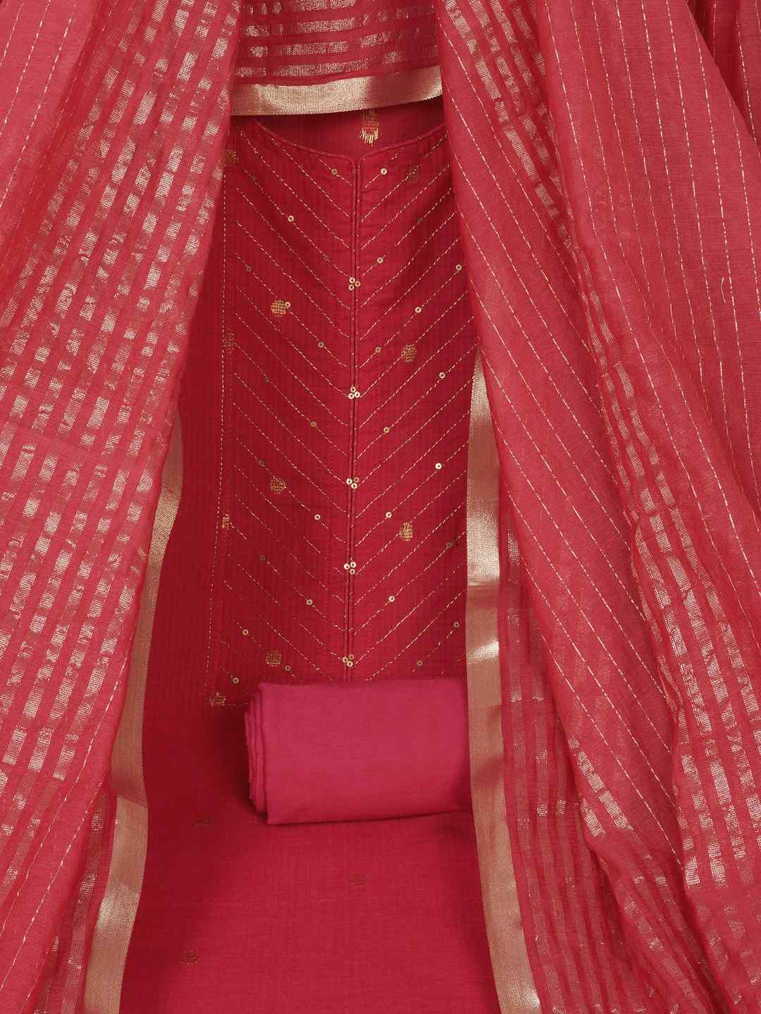 Cotton Dobby Dress Material with delicate zari butti motifs and zari stitch yoke.(Pink)