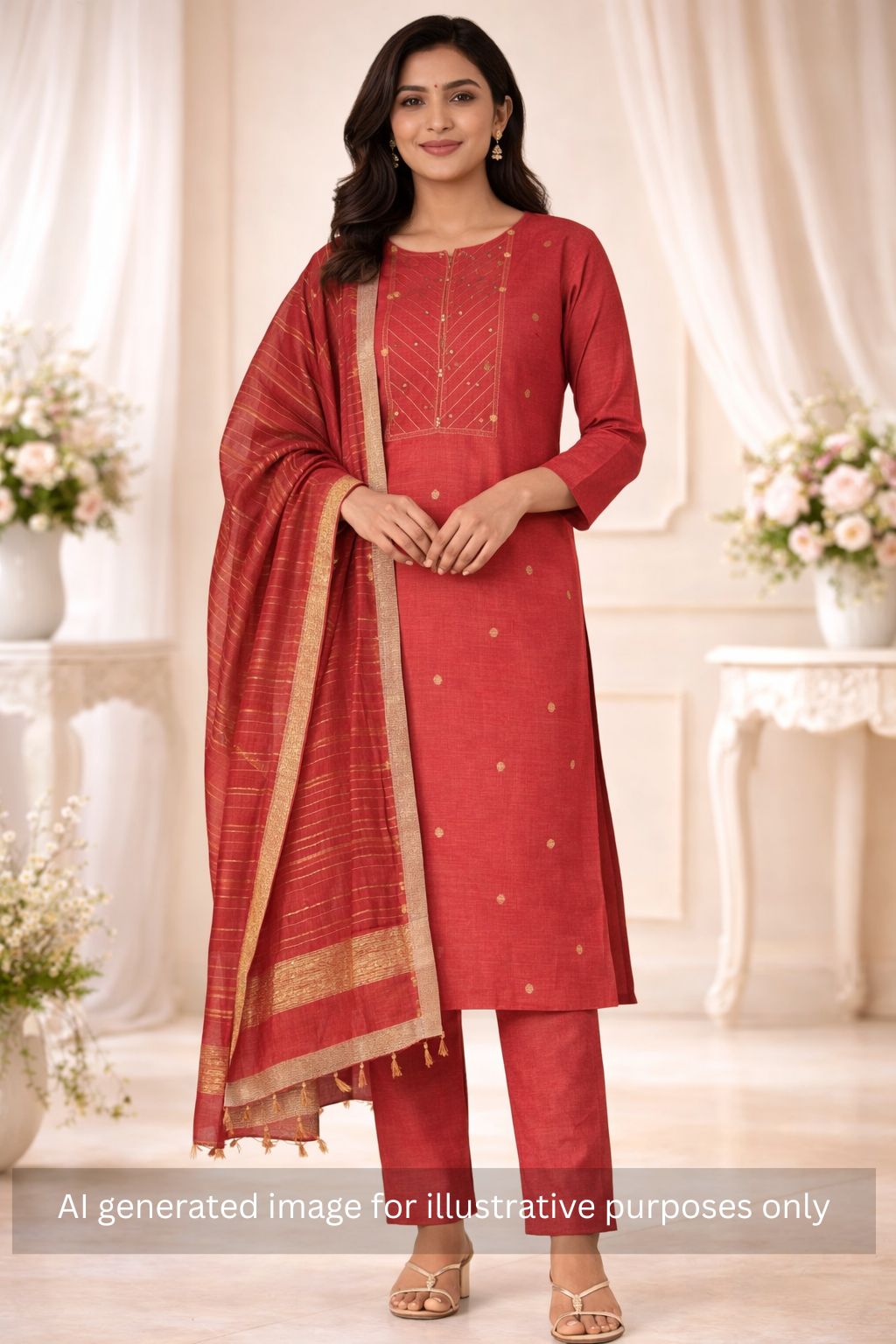 Cotton Dobby Dress Material with delicate zari butti motifs and zari stitch yoke.(Peach)