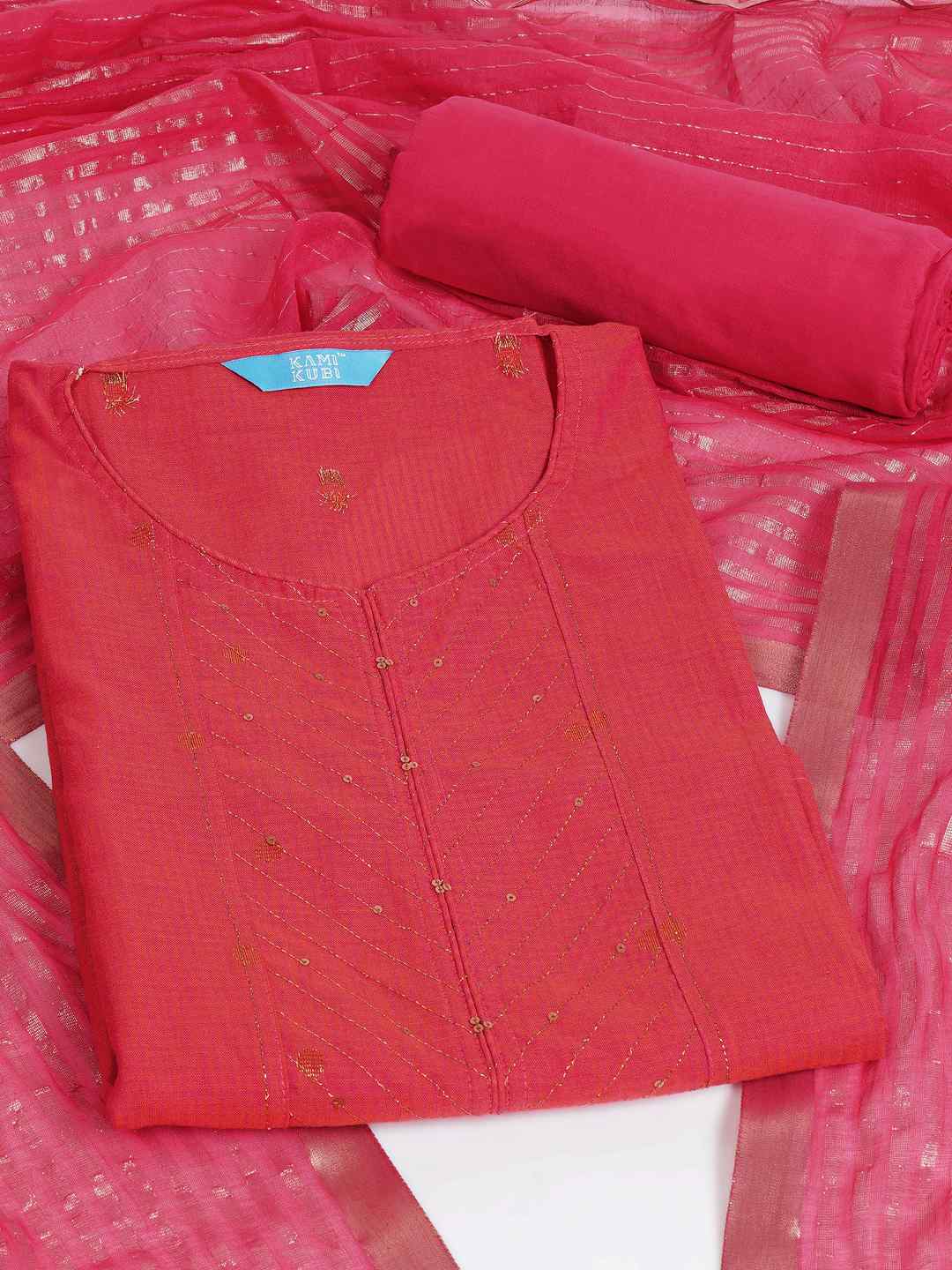 Cotton Dobby Dress Material with delicate zari butti motifs and zari stitch yoke.(Peach)