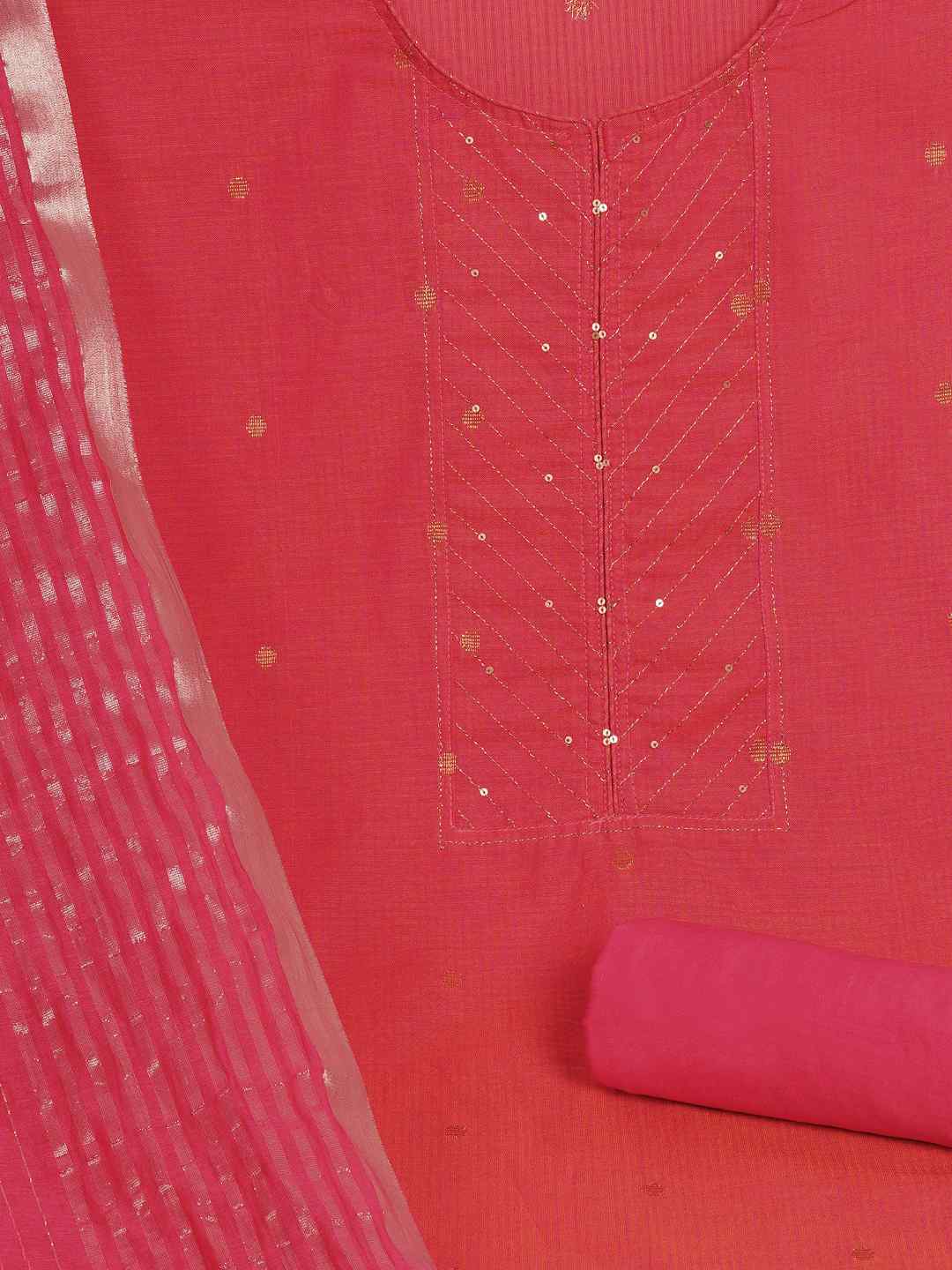 Cotton Dobby Dress Material with delicate zari butti motifs and zari stitch yoke.(Peach)