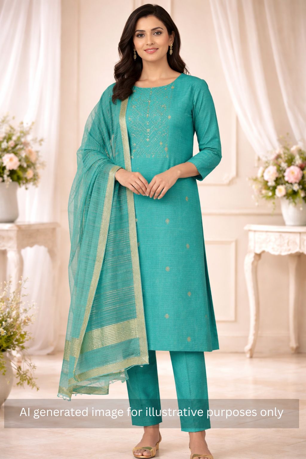 Cotton Dobby Dress Material with delicate zari butti motifs and zari stitch yoke.(Blue)