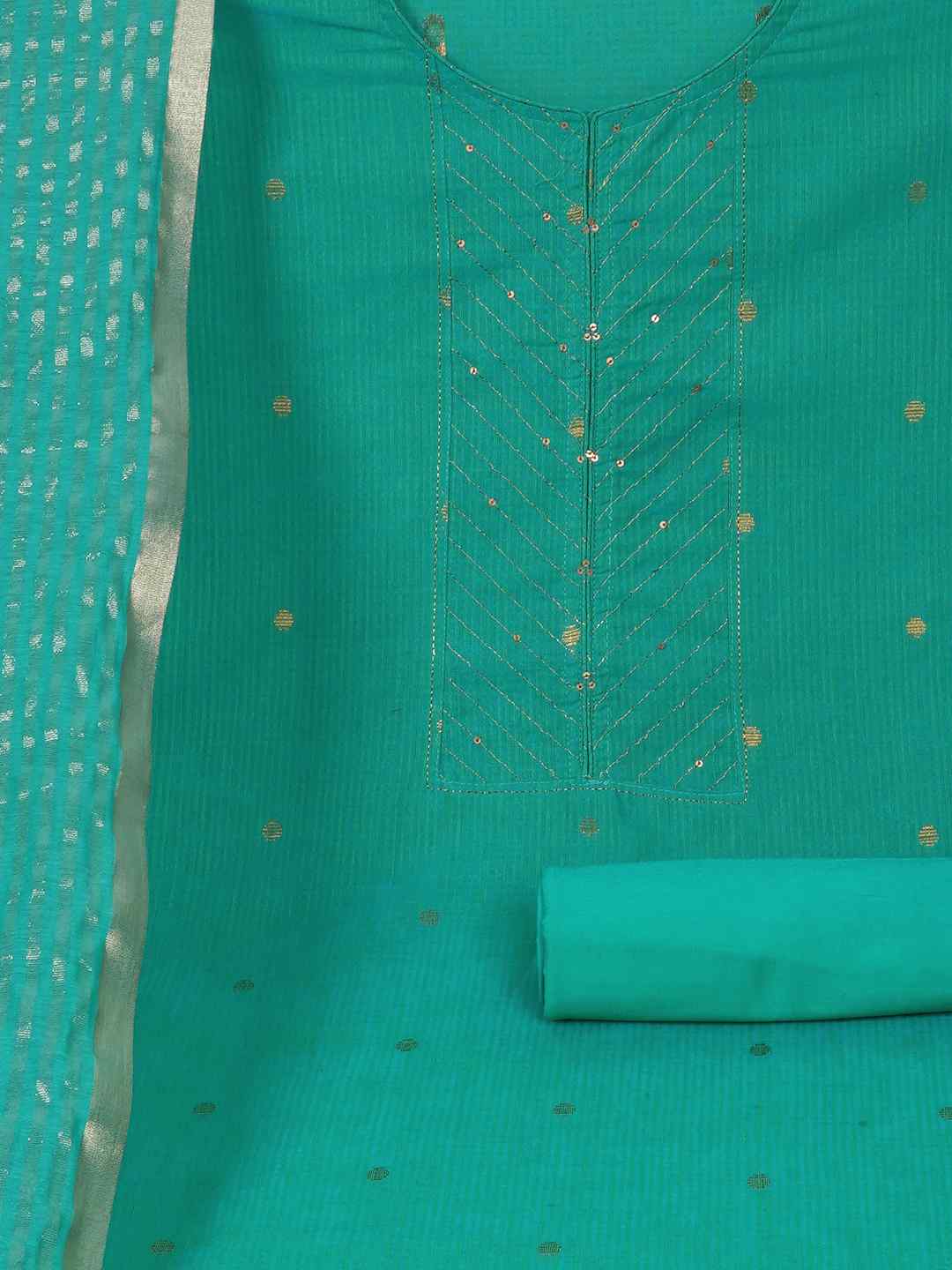 Cotton Dobby Dress Material with delicate zari butti motifs and zari stitch yoke.(Blue)