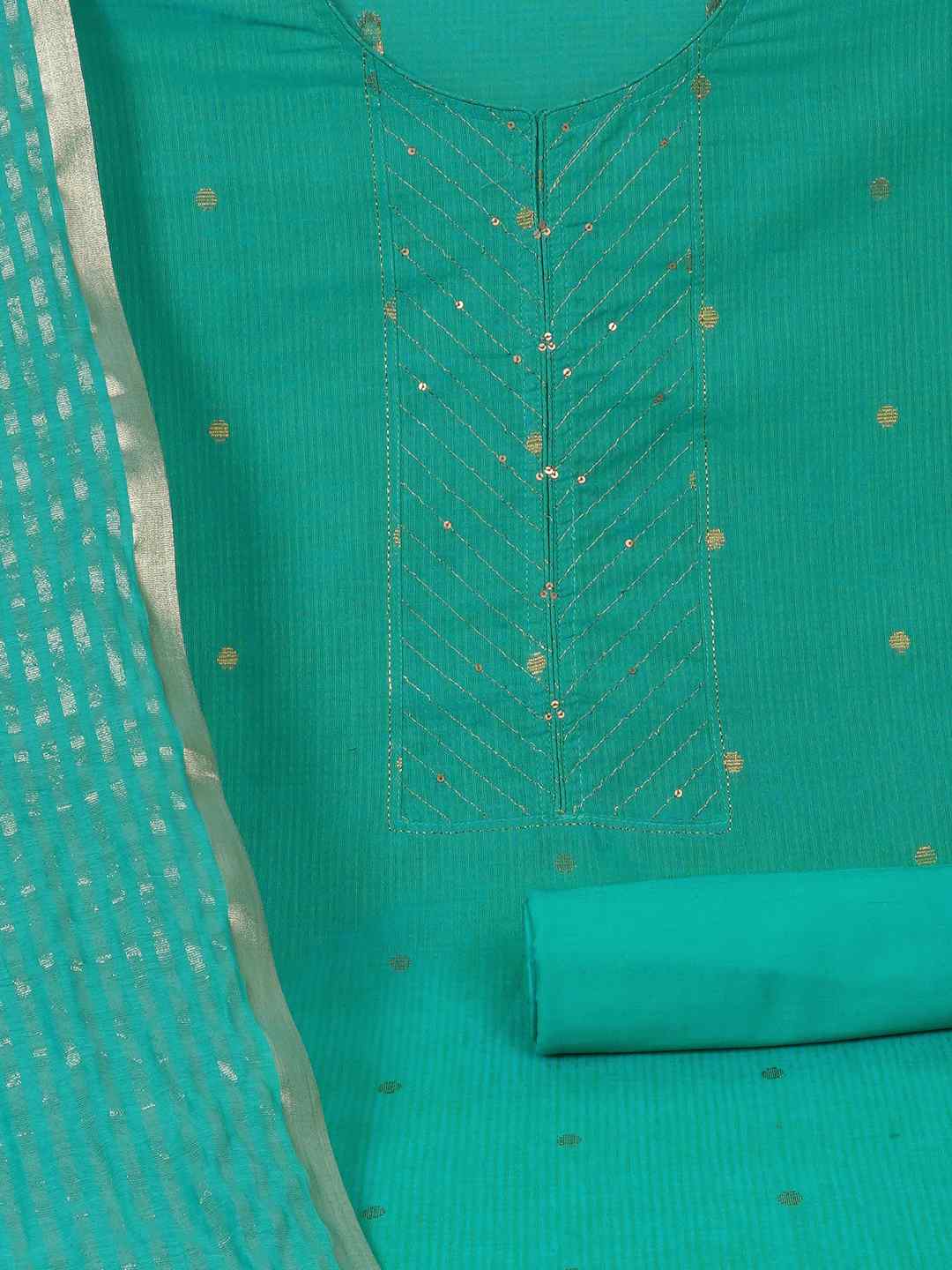 Cotton Dobby Dress Material with delicate zari butti motifs and zari stitch yoke.(Blue)