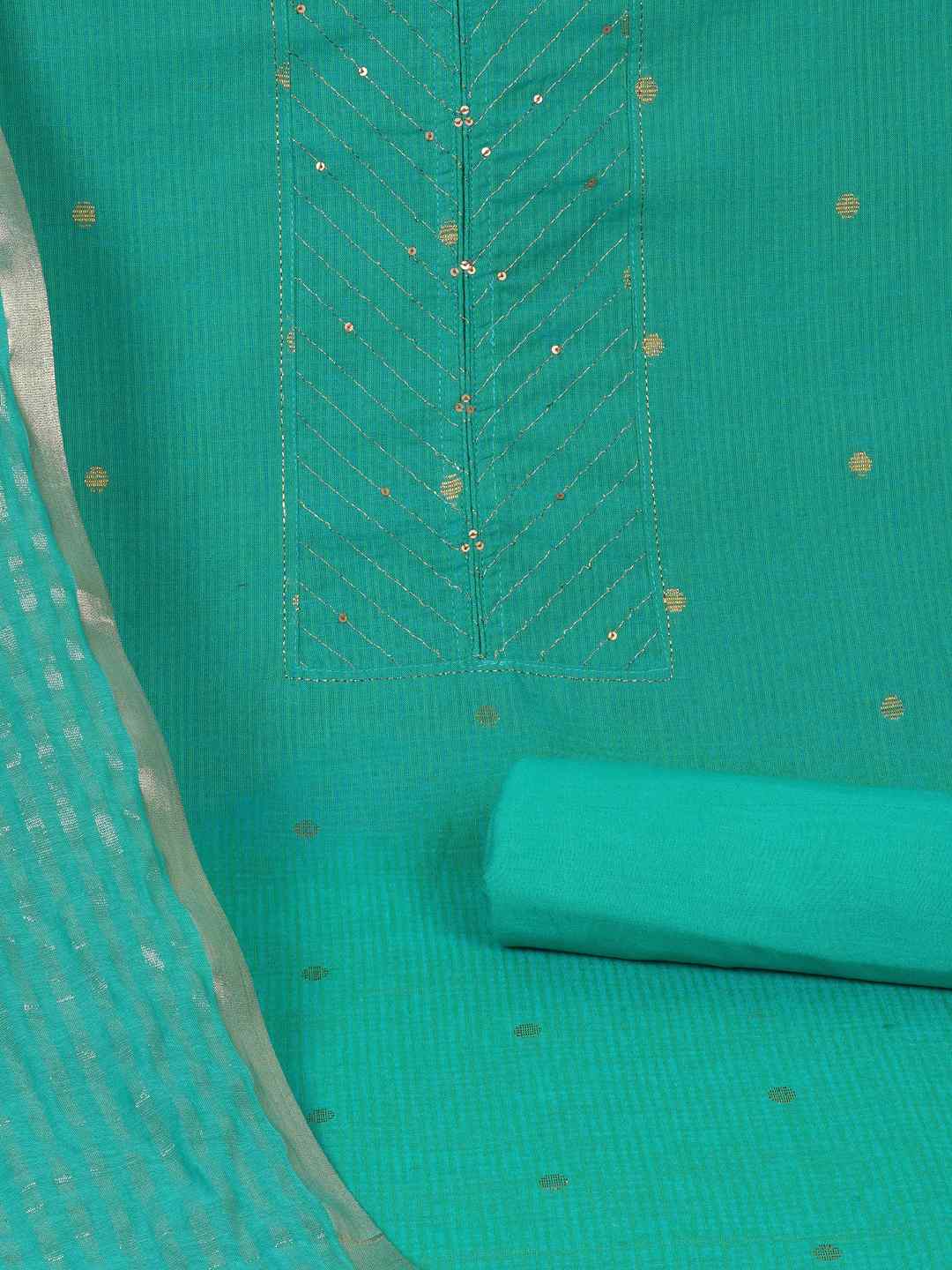 Cotton Dobby Dress Material with delicate zari butti motifs and zari stitch yoke.(Blue)