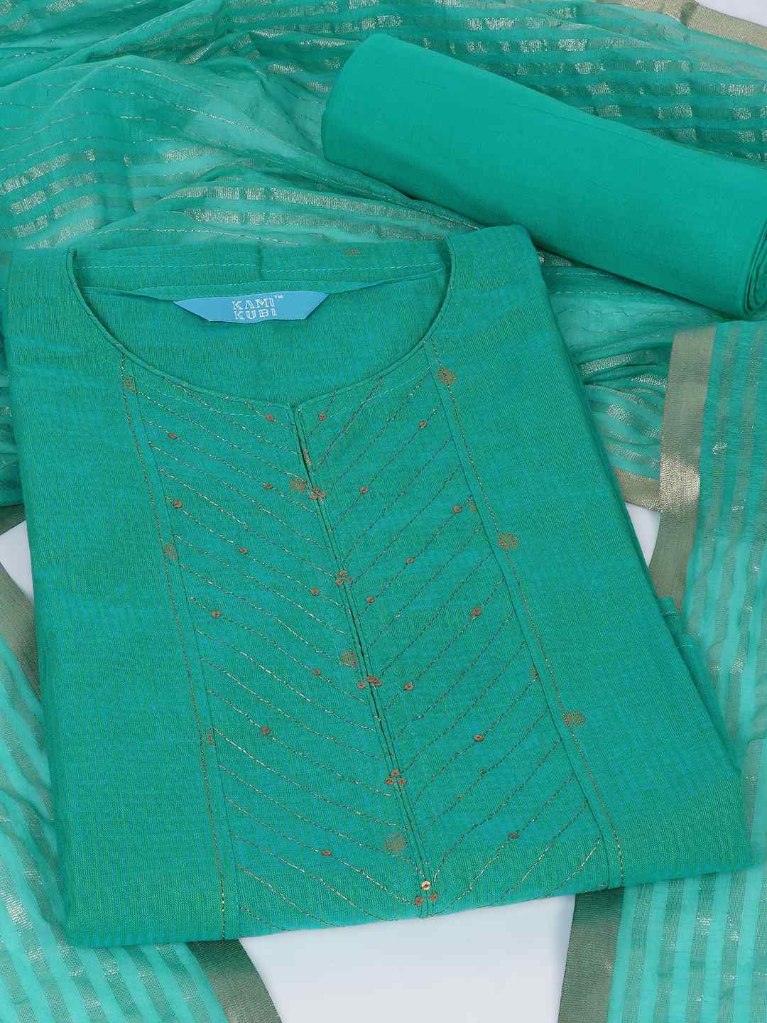 Cotton Dobby Dress Material with delicate zari butti motifs and zari stitch yoke.(Blue)