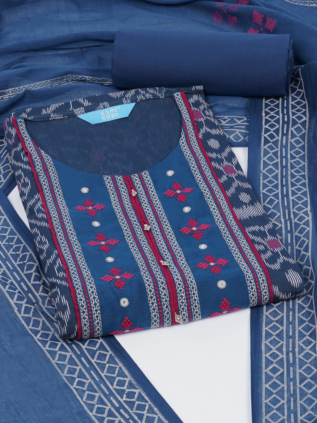 Cotton Ikat embroidered suit set with plain bottom and printed dupatta.