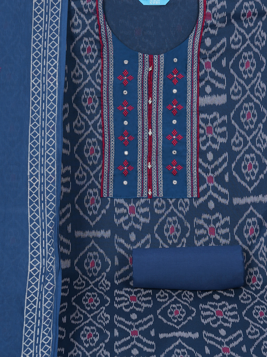 Cotton Ikat embroidered suit set with plain bottom and printed dupatta.