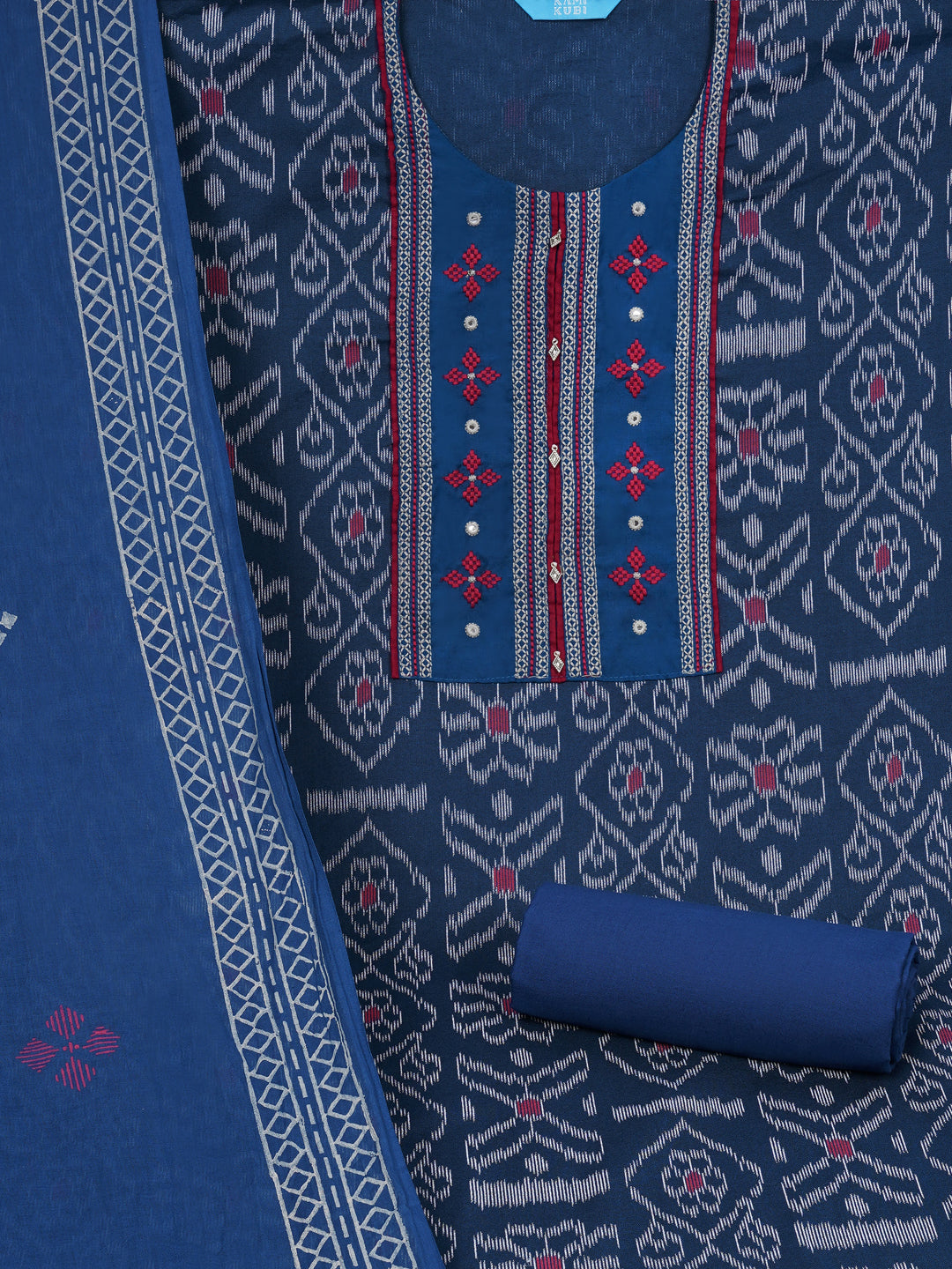 Cotton Ikat embroidered suit set with plain bottom and printed dupatta.