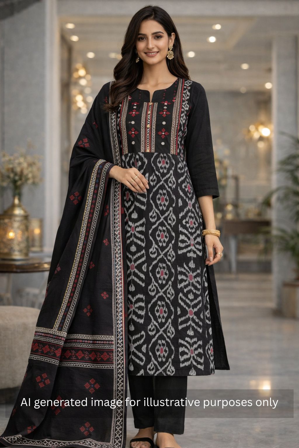Cotton Ikat embroidered unstitched suit set with plain bottom and printed dupatta.