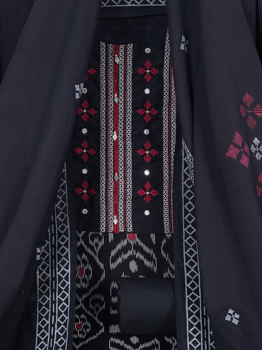 Cotton Ikat embroidered suit set with plain bottom and printed dupatta.
