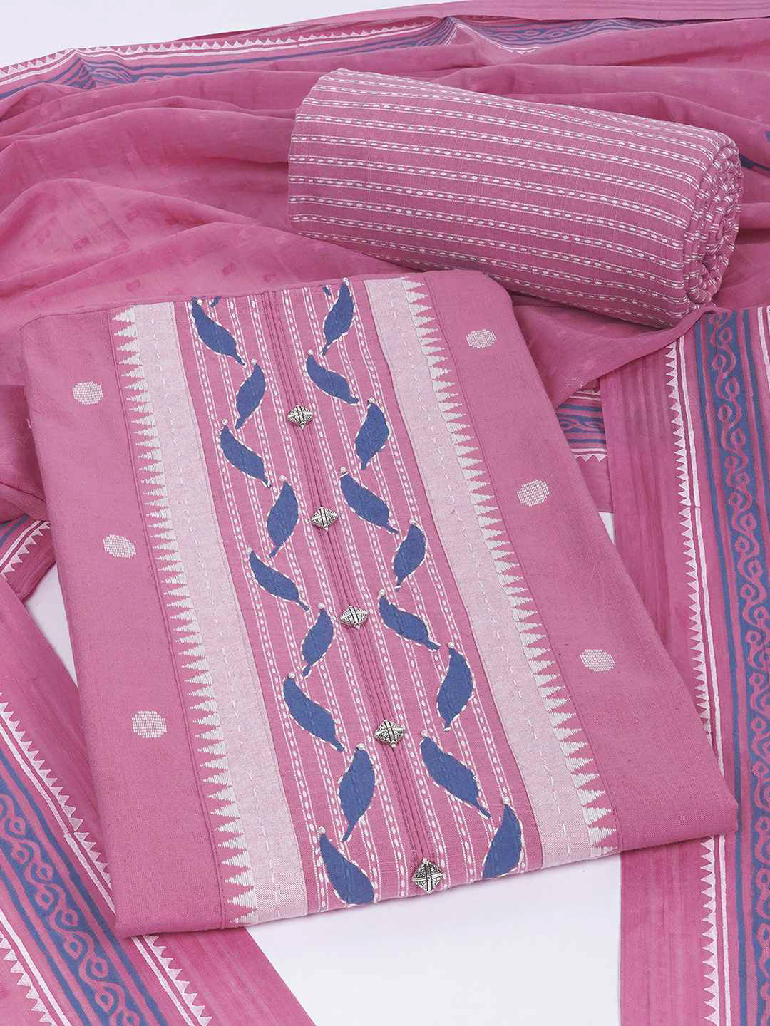 3-piece unstitched set featuring a dobby butti top with hand-done detailing and artisanal block prints.(Pink)