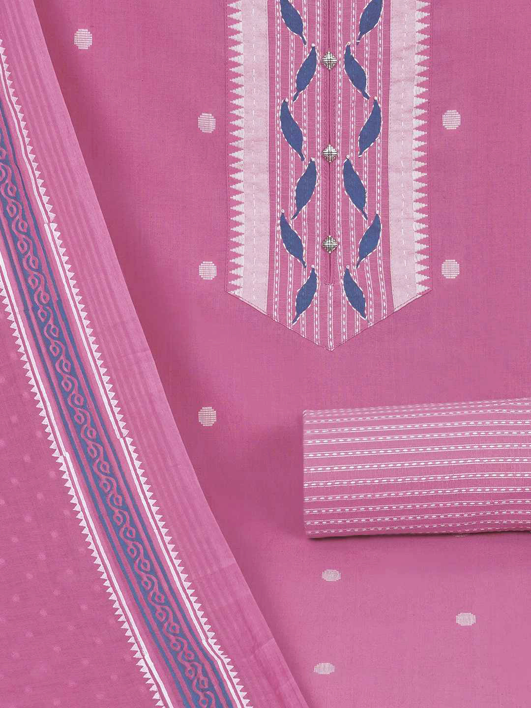 3-piece unstitched set featuring a dobby butti top with hand-done detailing and artisanal block prints.(Pink)