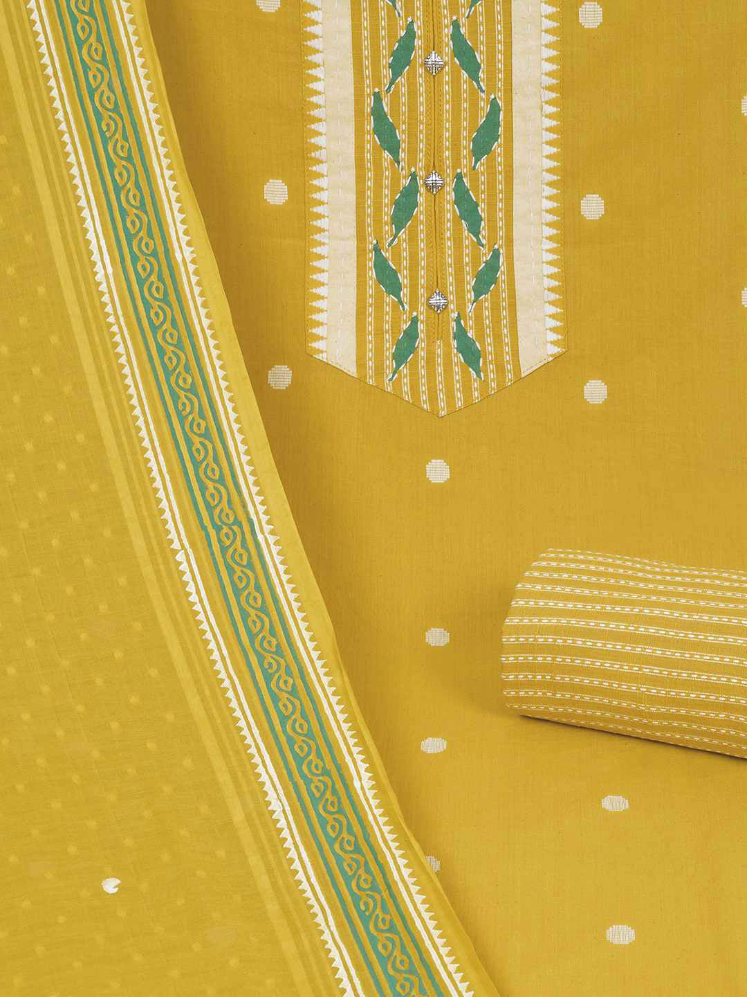 3-piece unstitched set featuring a dobby butti top with hand-done detailing and artisanal block prints.(Yellow)
