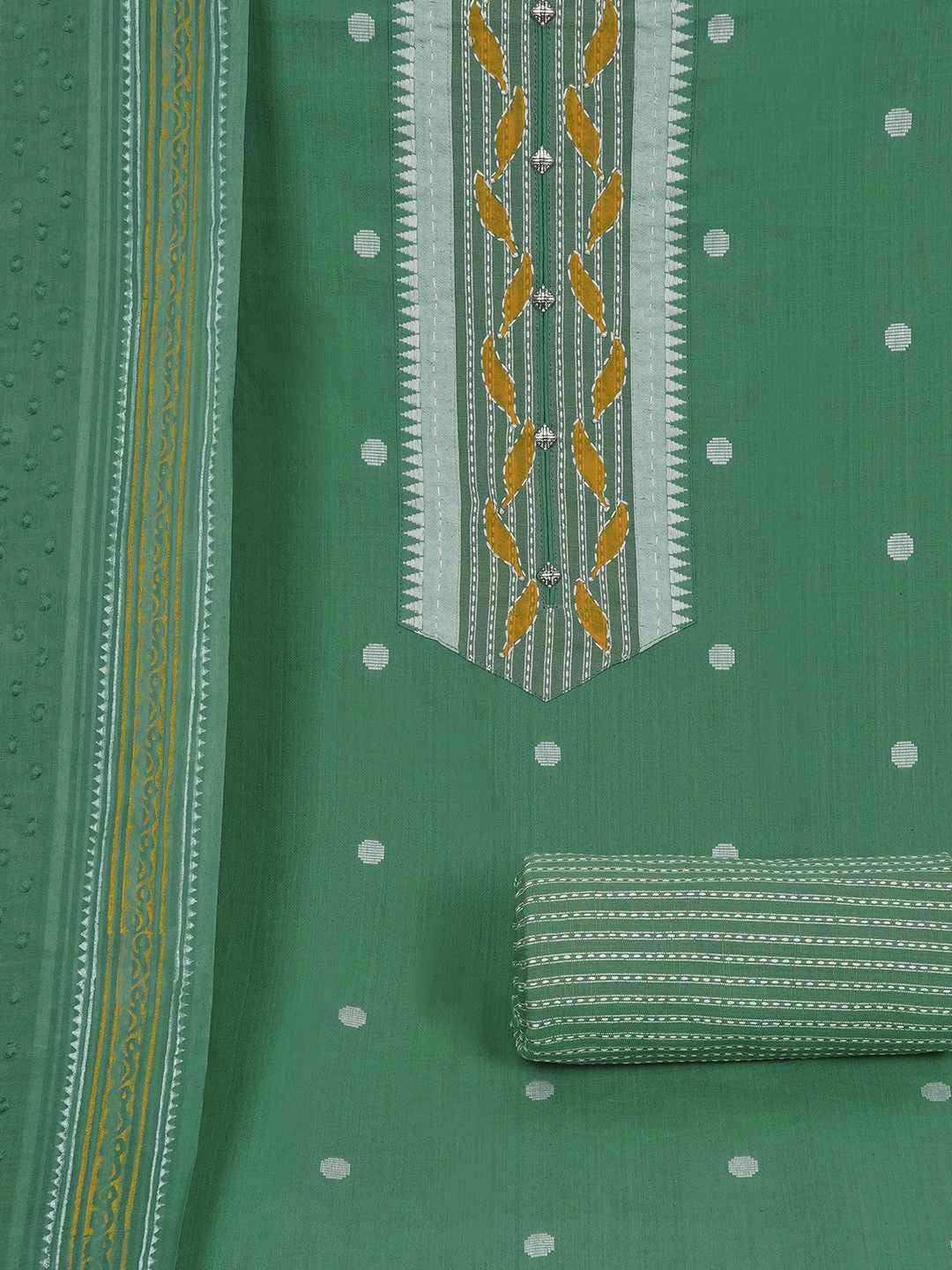 3-piece unstitched set featuring a dobby butti top with hand-done detailing and artisanal block prints.(Green)