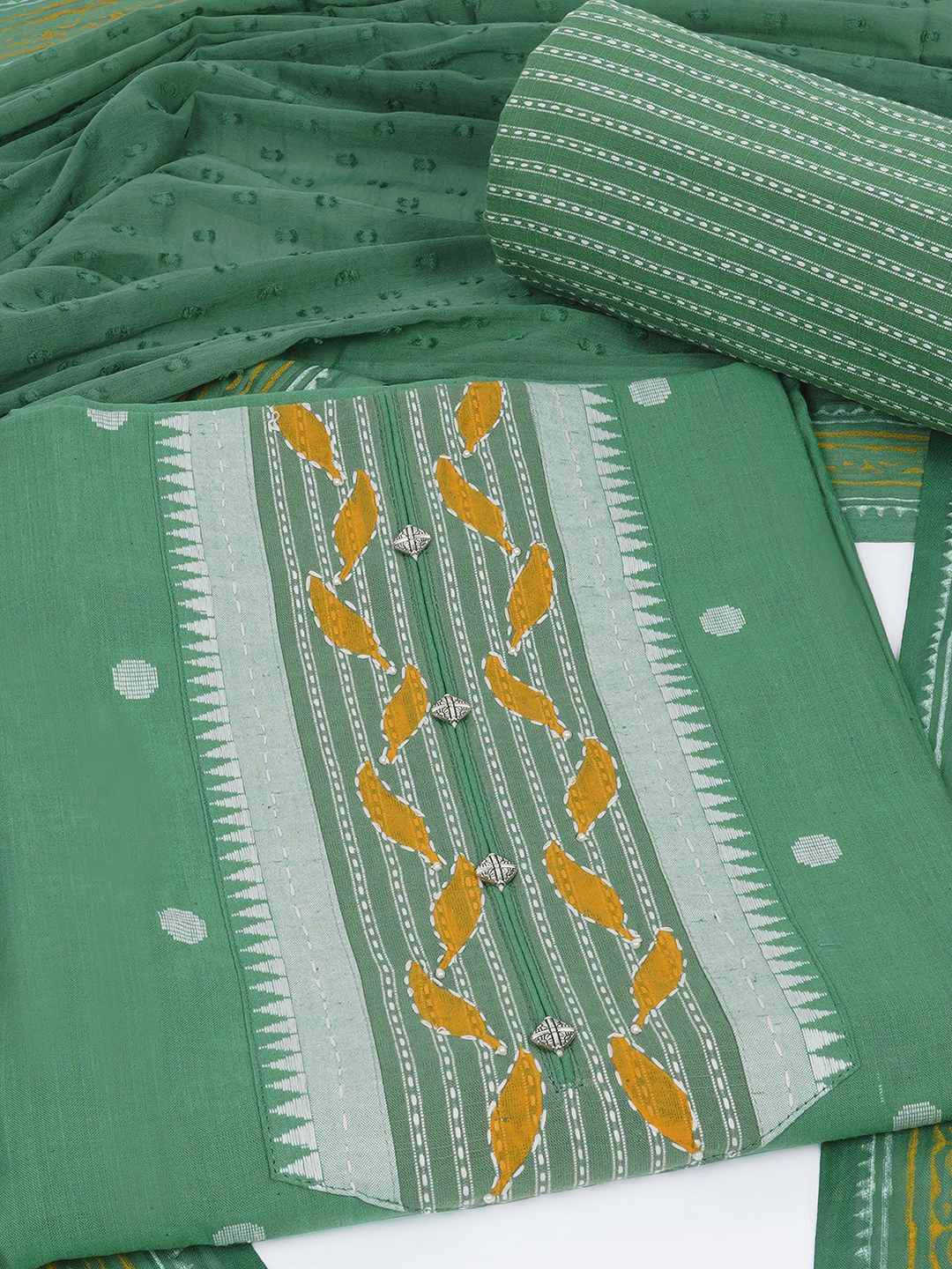 3-piece unstitched set featuring a dobby butti top with hand-done detailing and artisanal block prints.(Green)
